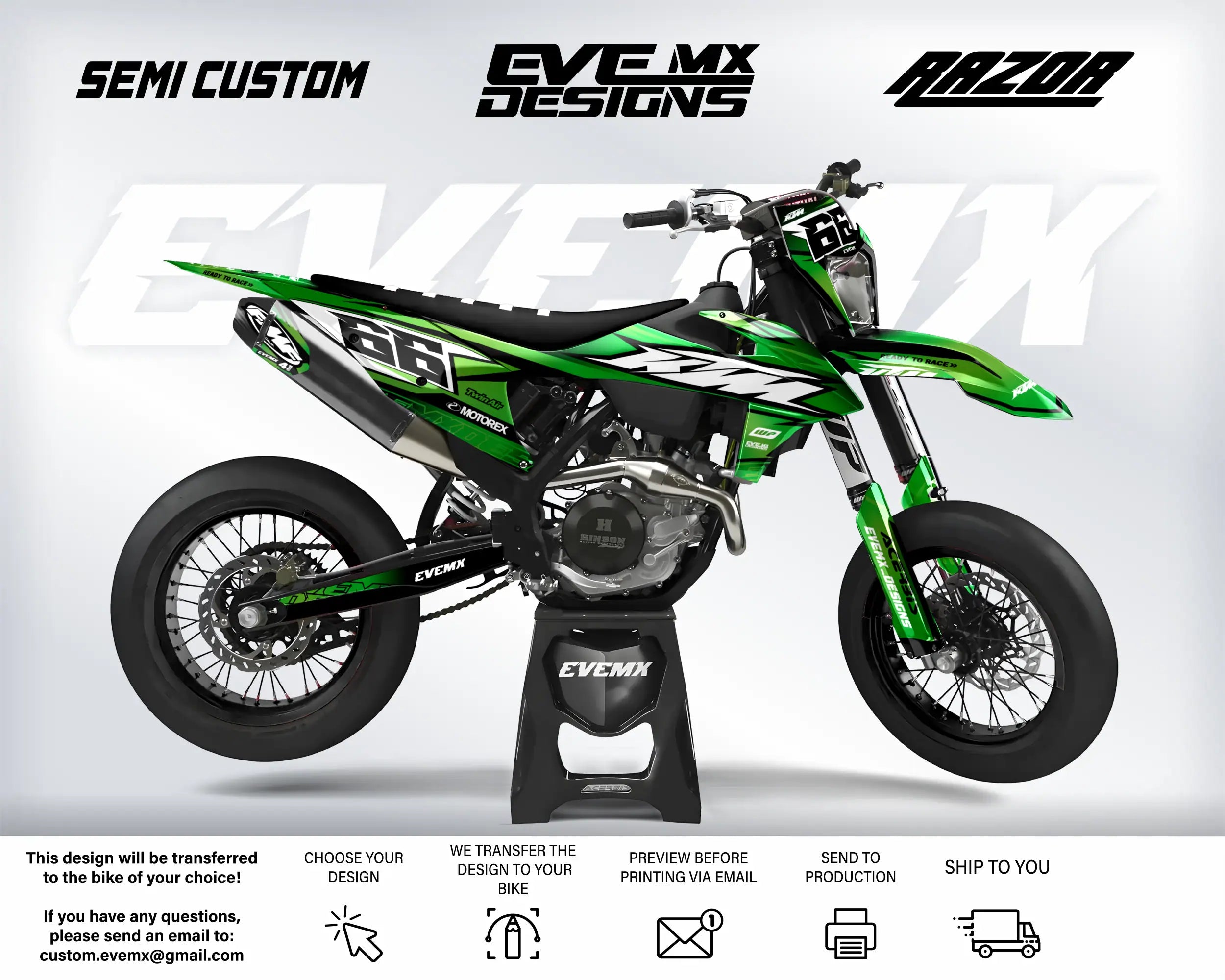 Green and black dirt bike with 'EveMX Designs' branding on a white background