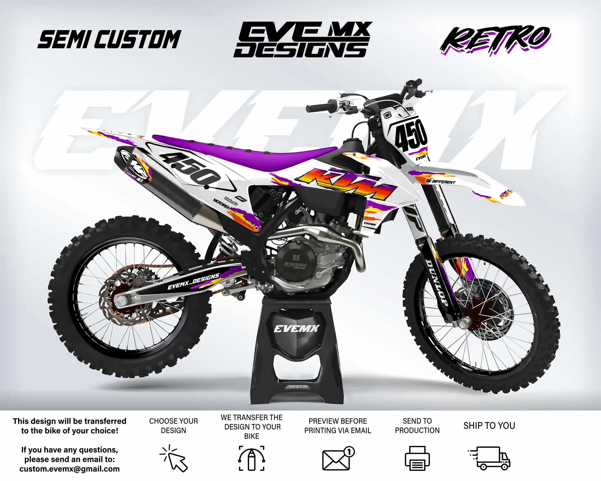 Motocross bike with custom graphics on a white background, featuring 'EveMX Designs' branding.