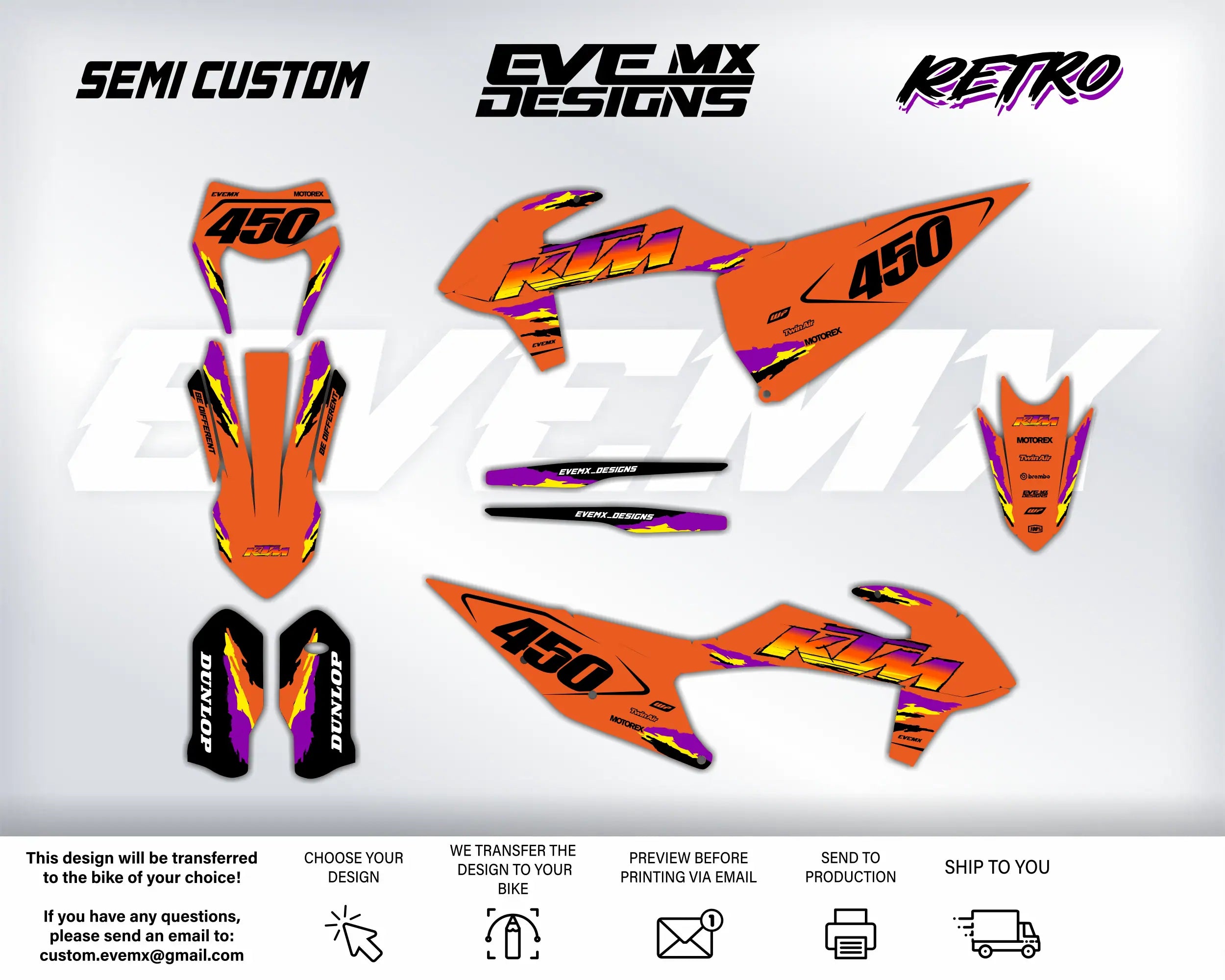 Collection of orange and purple motorcycle decals with EveMx Designs branding on a white background