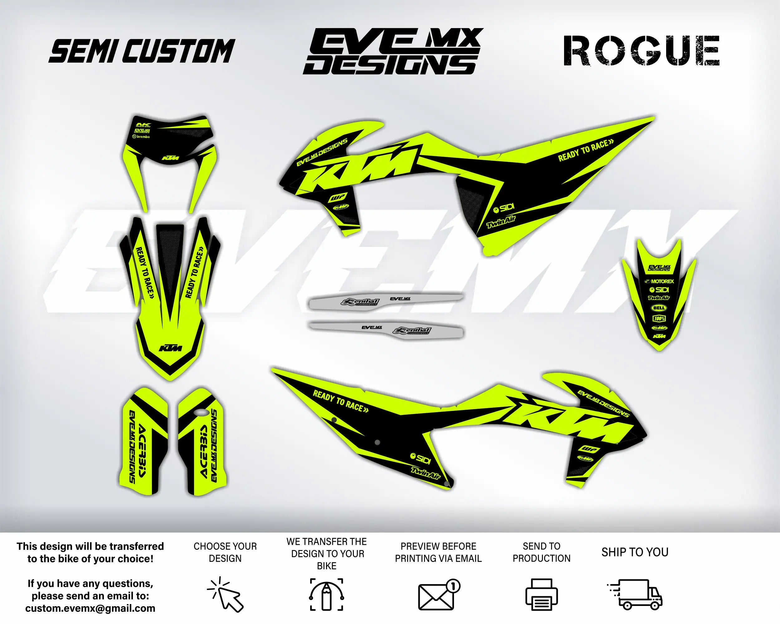 KTM motorcycle decals with 'EveMX Designs' branding on a white background