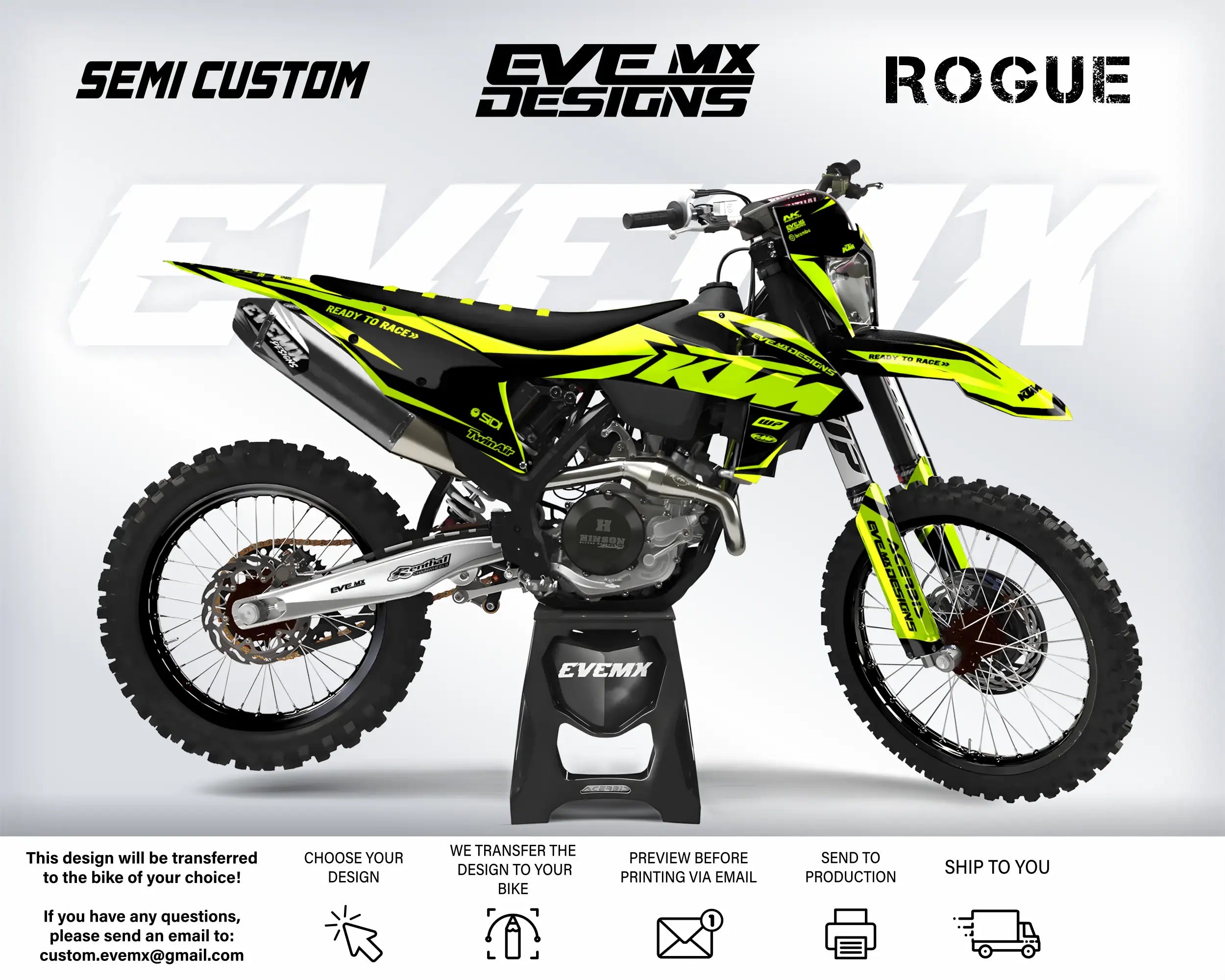 Yellow and black dirt bike with 'EveMX Designs' branding on a white background