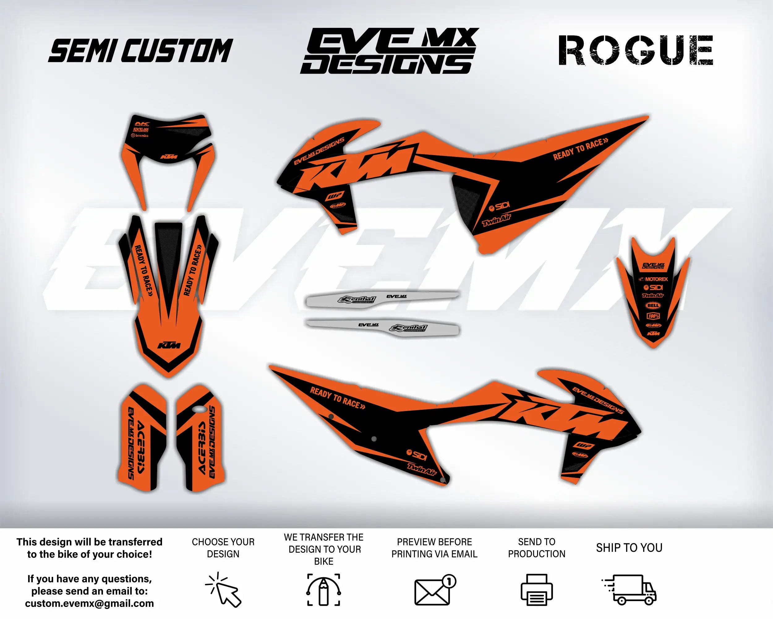 KTM motorcycle decals with 'Semi Custom', 'EveMX Designs', and 'Rogue' branding on a white background.