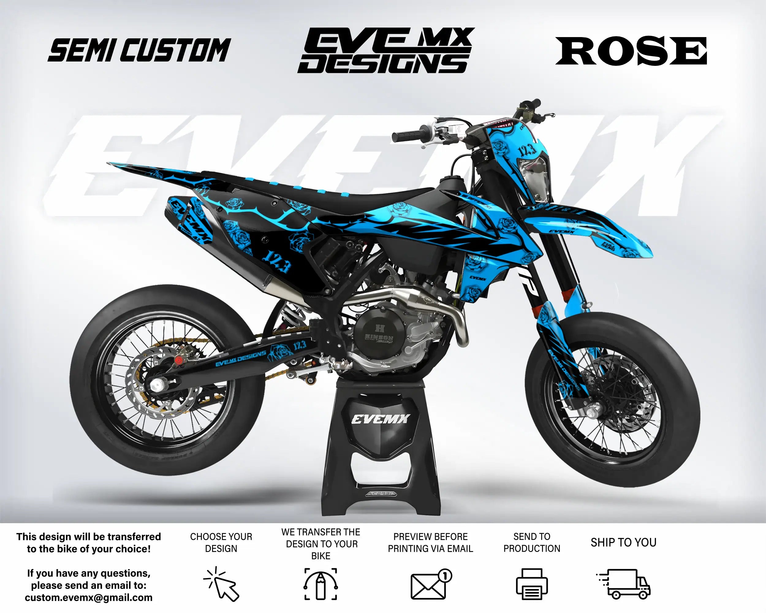 Blue and black dirt bike with 'EveMX Designs' branding on a white background