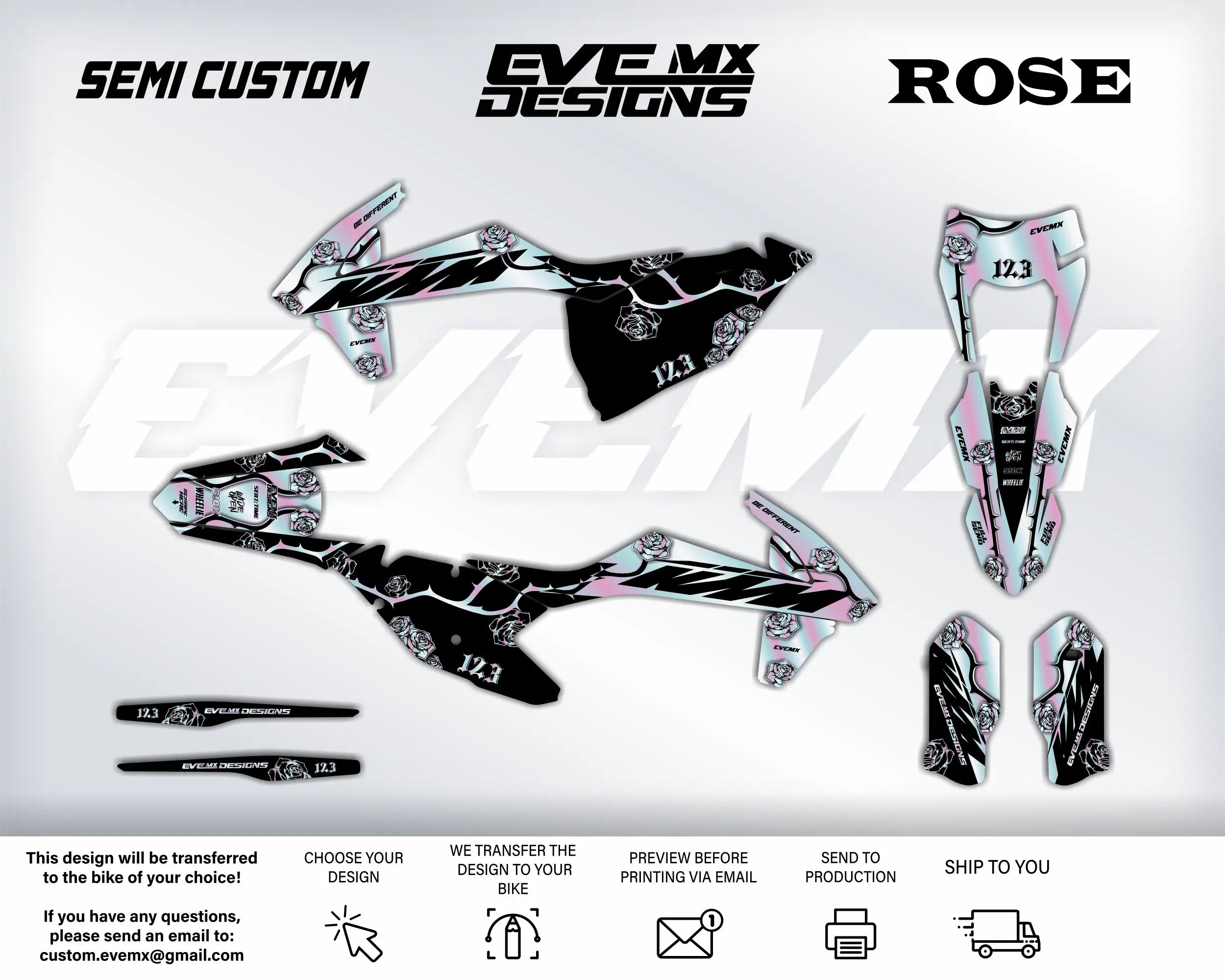 Motorcycle wrap design with 'Semi Custom', 'EveMX Designs', and 'Rose' branding on a white background.