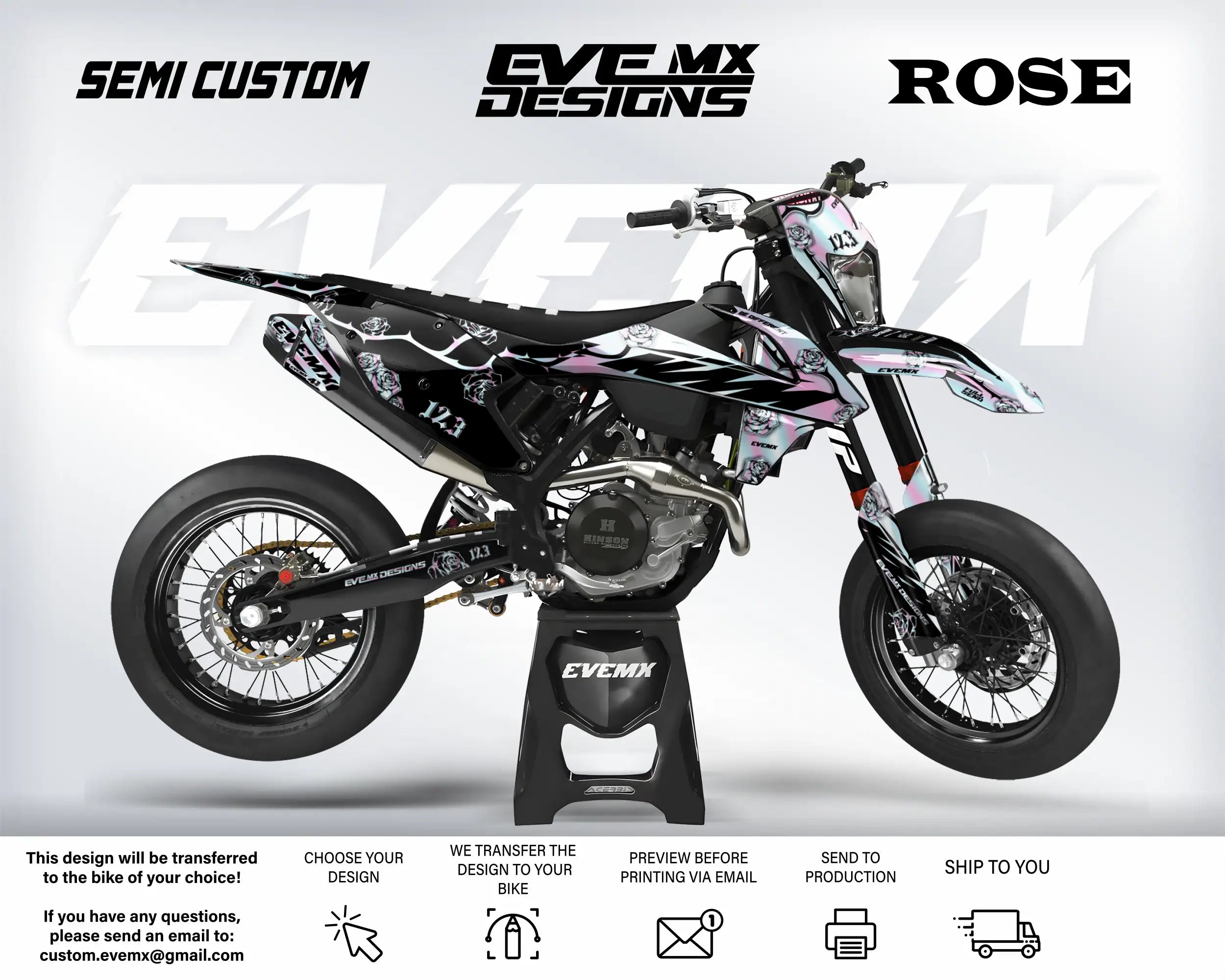 Motocross bike with 'EveMX Designs' and 'Rose' branding on a white background