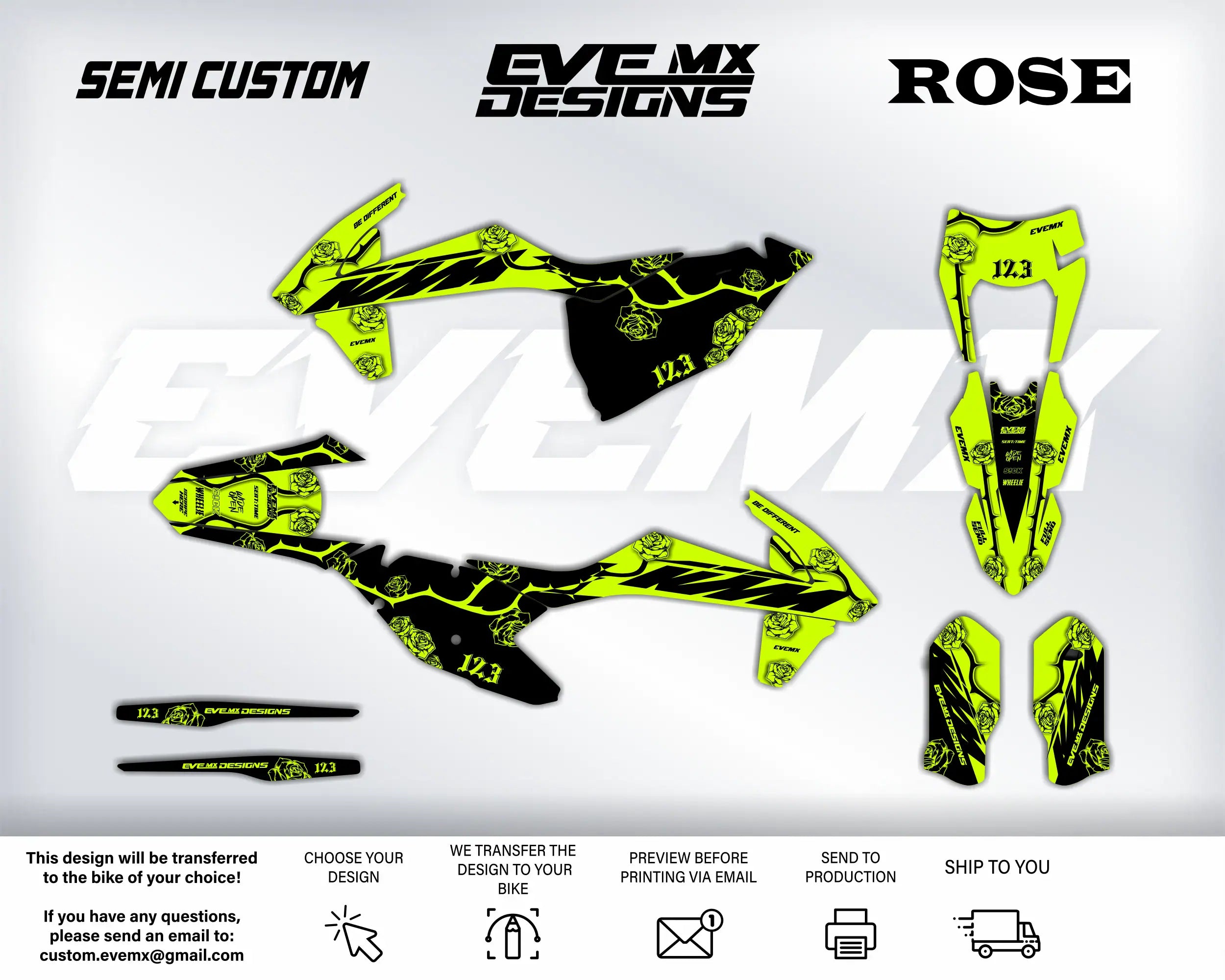 Motorcycle wrap design with 'Semi Custom', 'EveMX Designs', and 'Rose' branding on a white background.