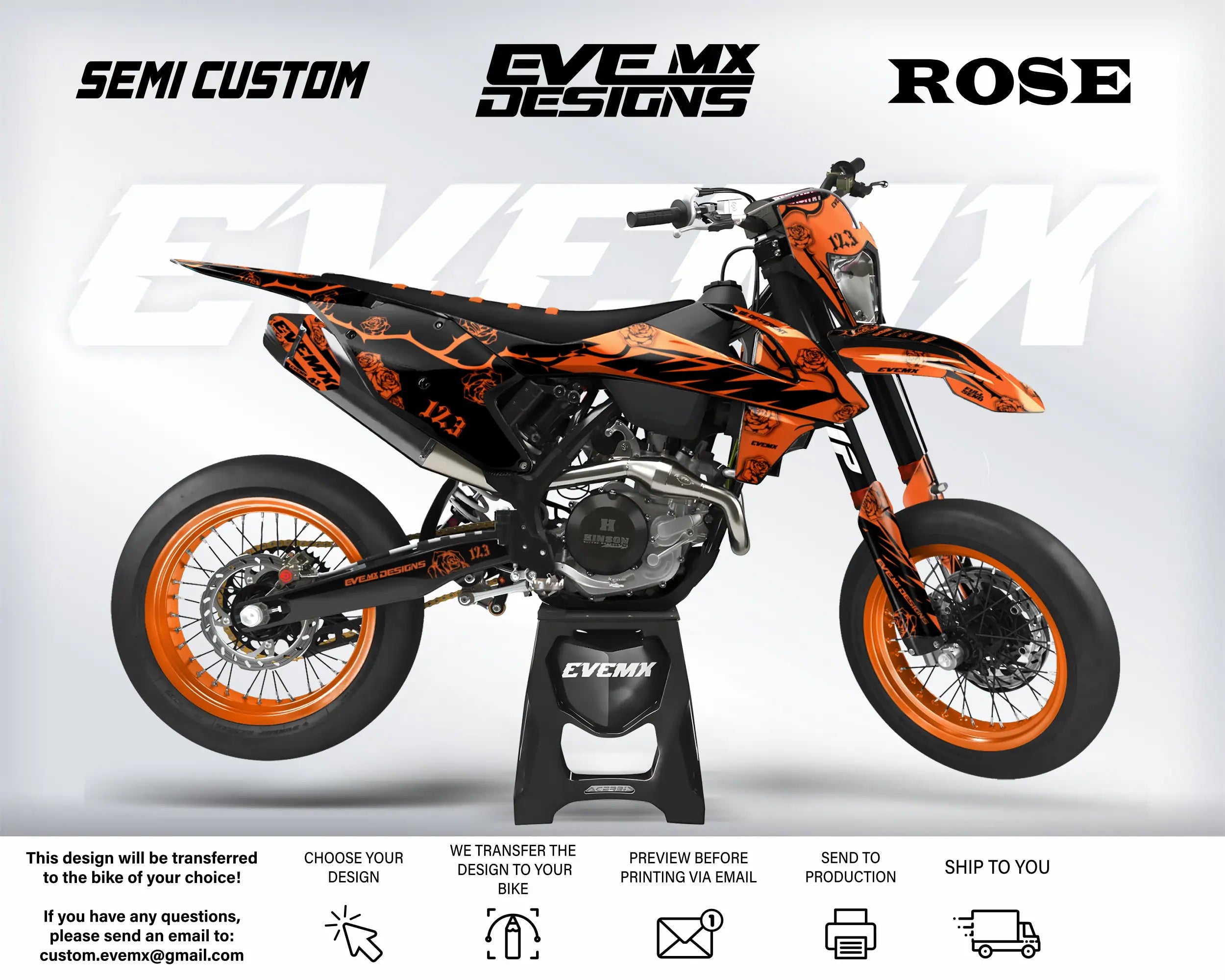 Orange and black dirt bike with 'EveMX Designs' branding on a white background
