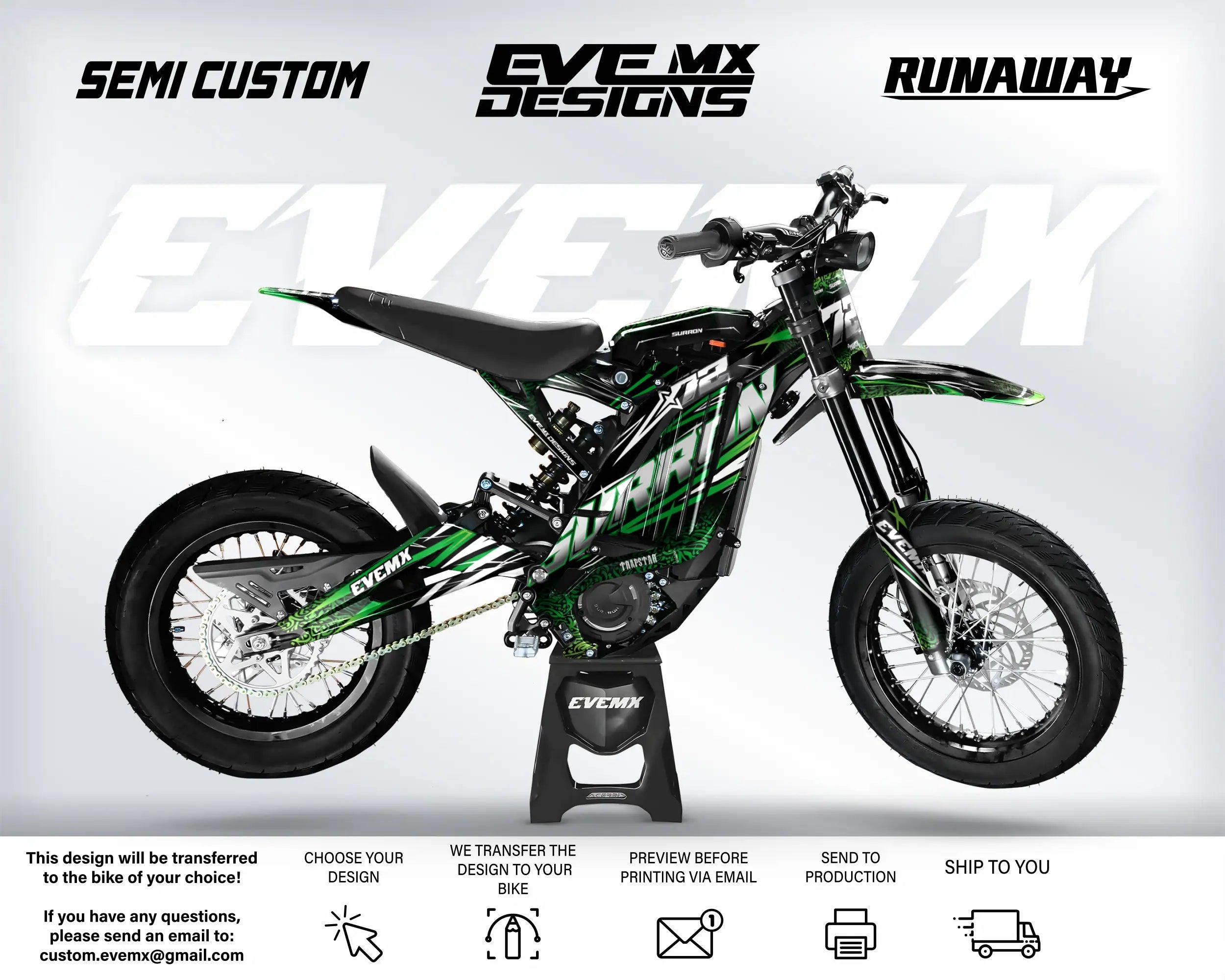 Green and black electric bike with 'EveMX Designs' branding on a white background