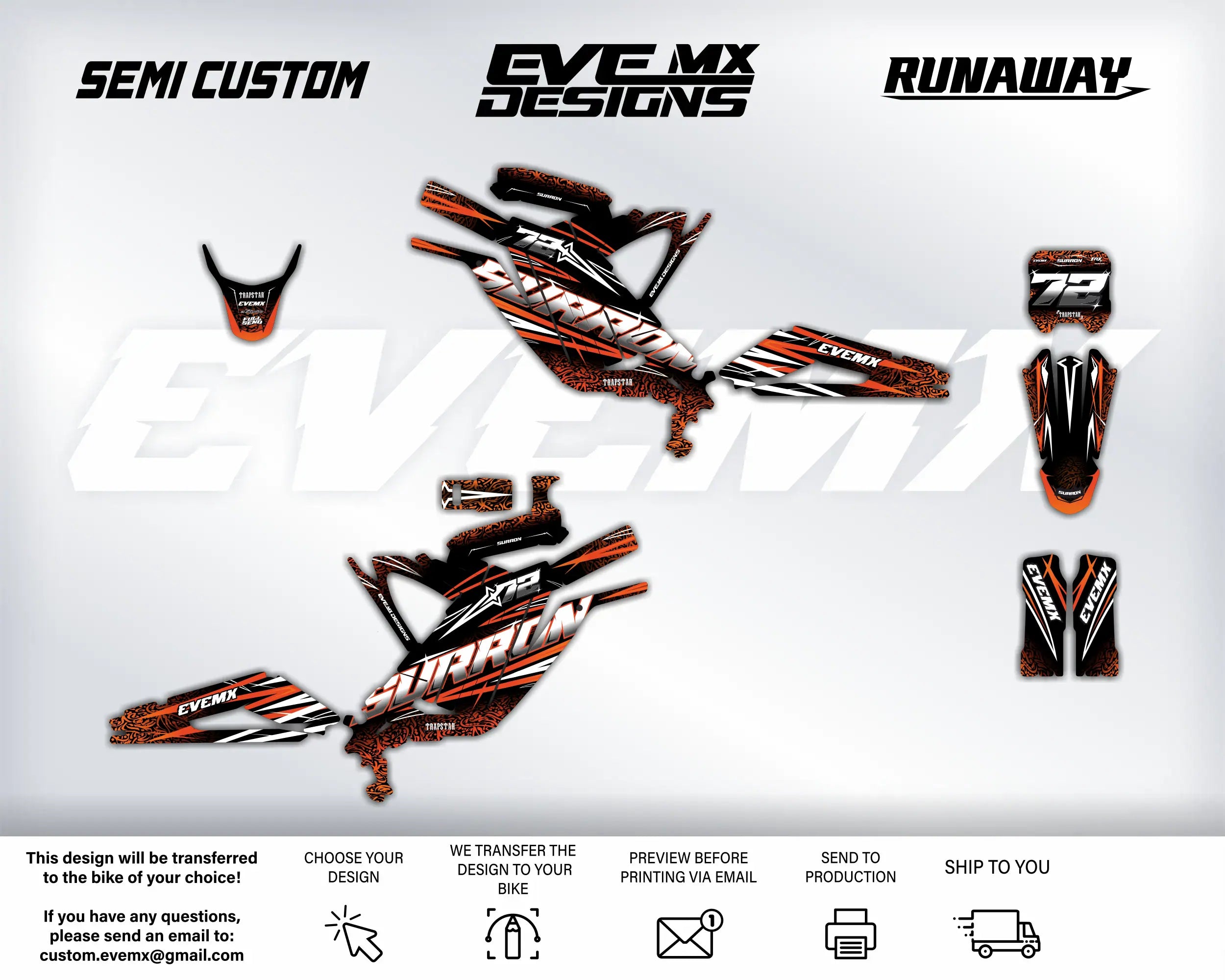 Collection of motorcycle decals with EveMx Designs branding on a white background