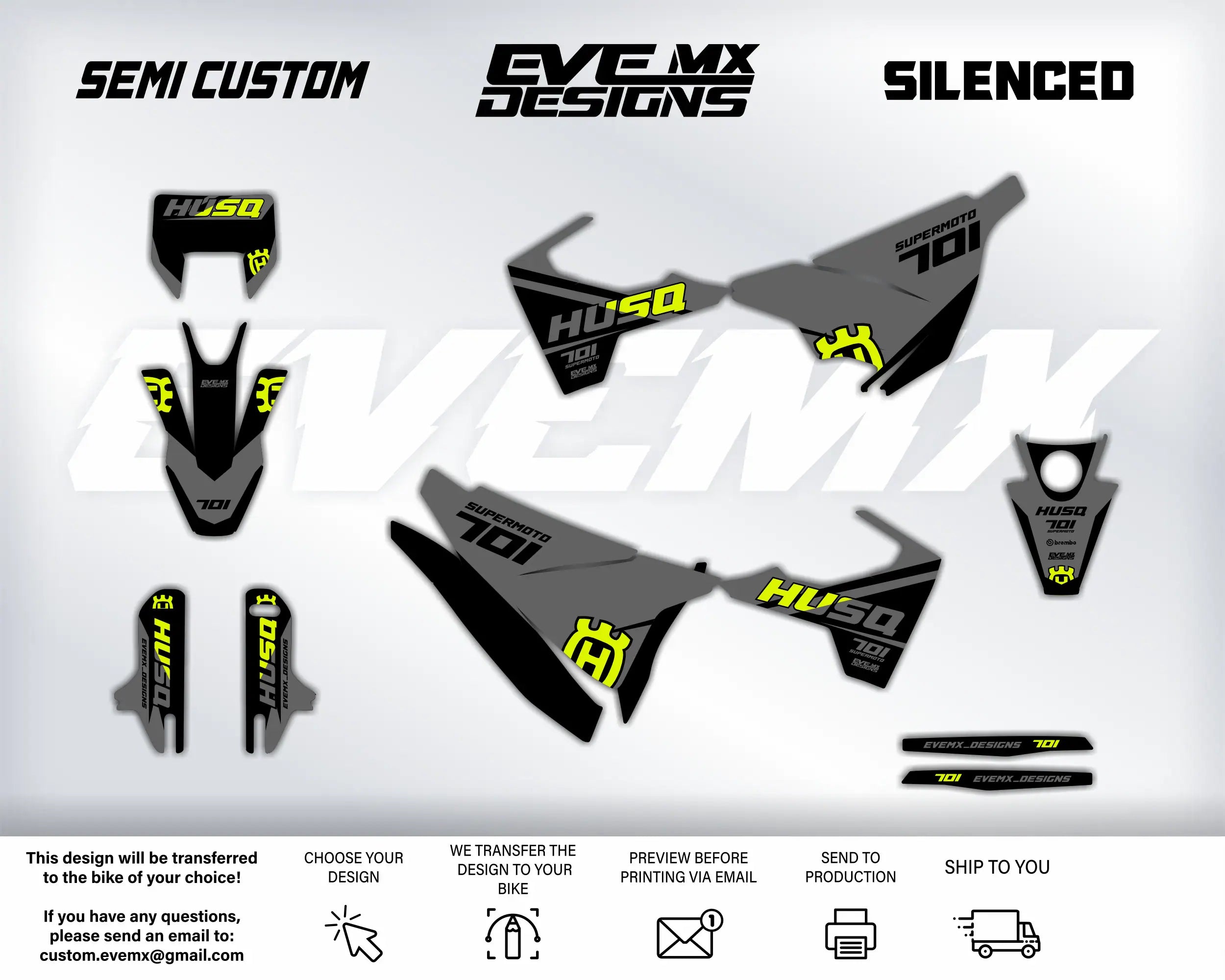 Motorcycle decals with Husqvarna branding on a white background, featuring 'Semi Custom', 'EveMX Designs', and 'Silenced' text.