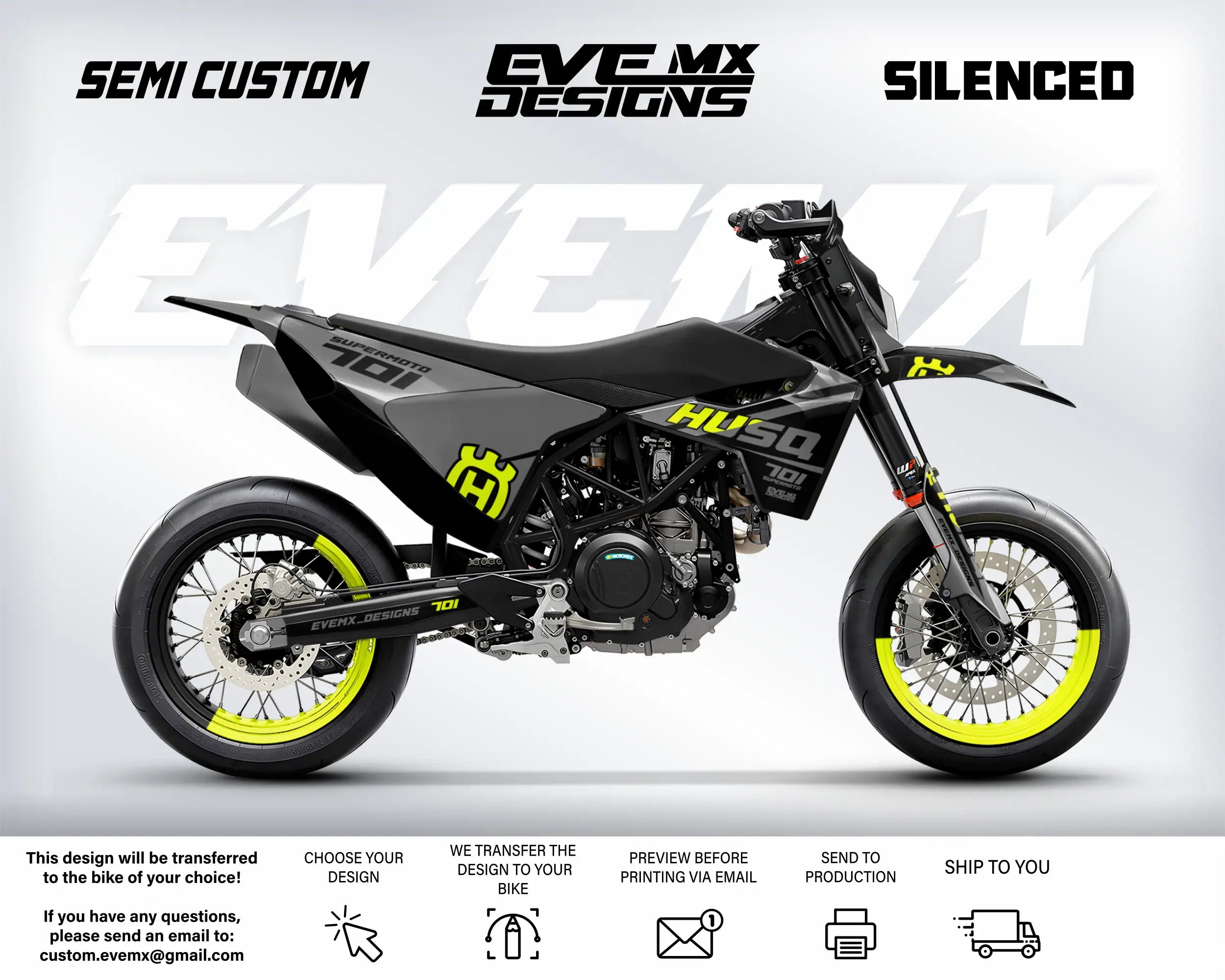 Motorcycle with custom design elements on a white background, featuring the brand 'EveMX Designs'.