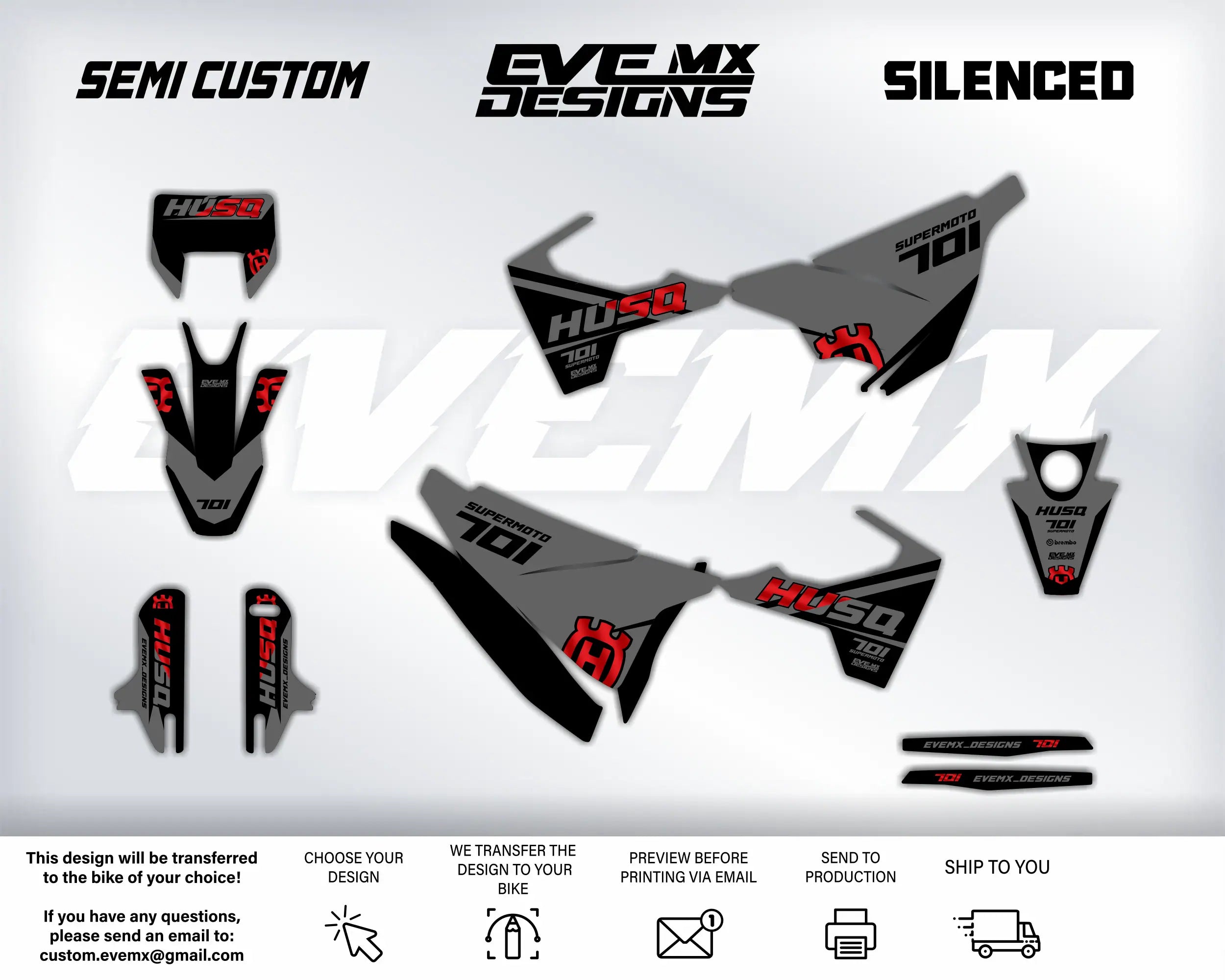 Motorcycle decals with 'Husqvarna' branding on a white background, featuring the text 'Semi Custom', 'EveMX Designs', and 'Silenced'.
