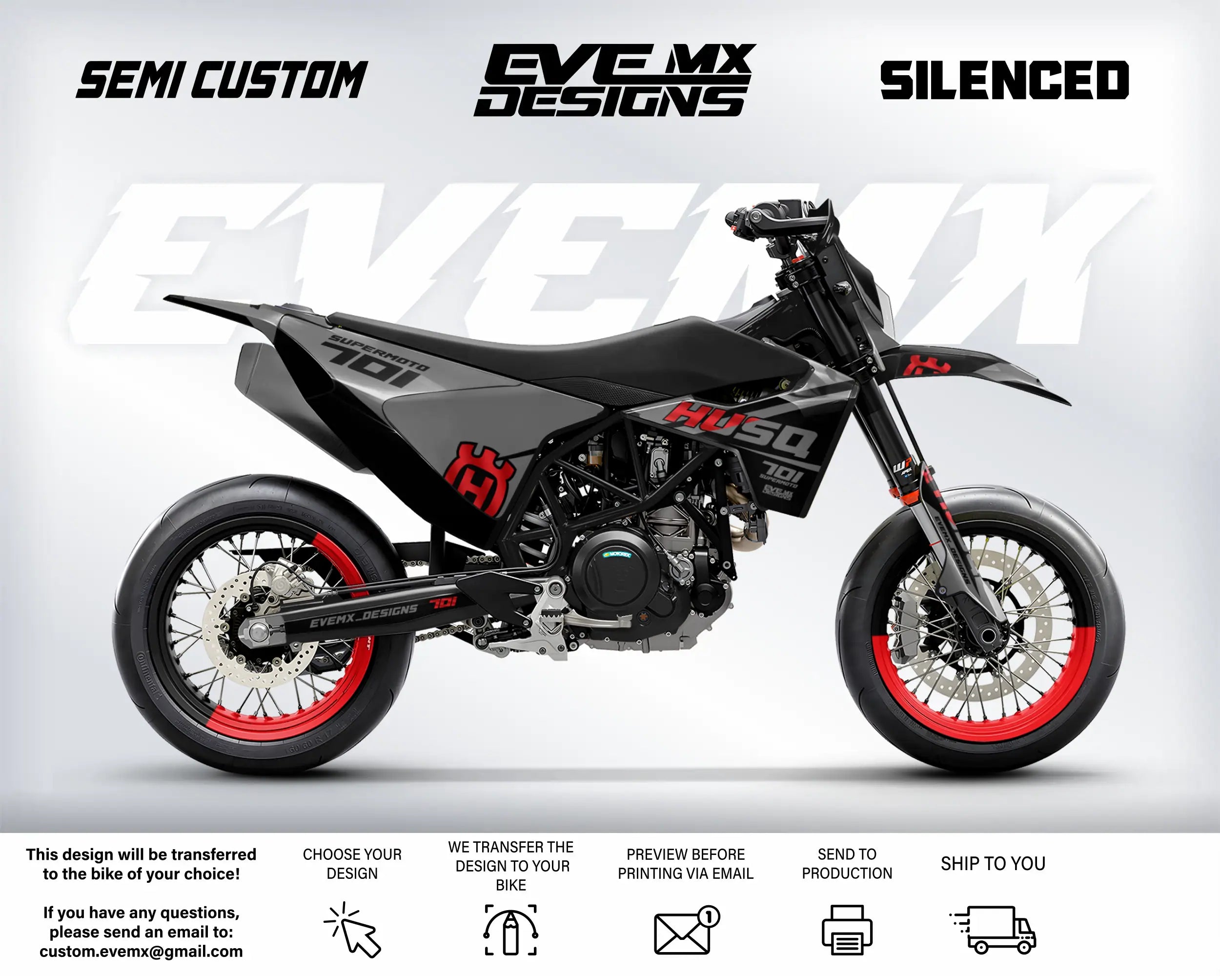 Motorcycle with 'EveMX Designs' branding on a white background