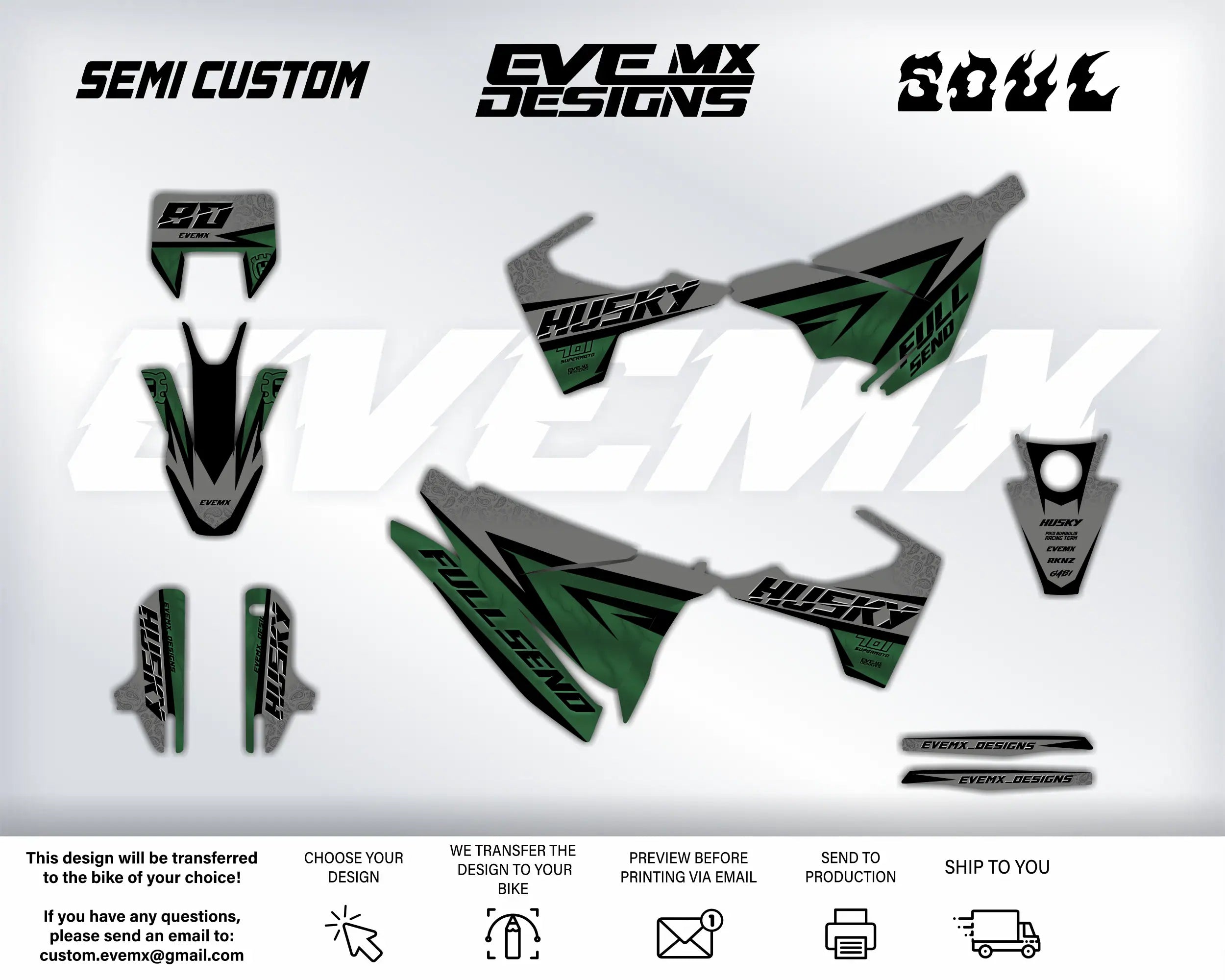 Motorcycle decals with 'Semi Custom', 'EveMX Designs', and 'Husqvarna' branding on a white background.
