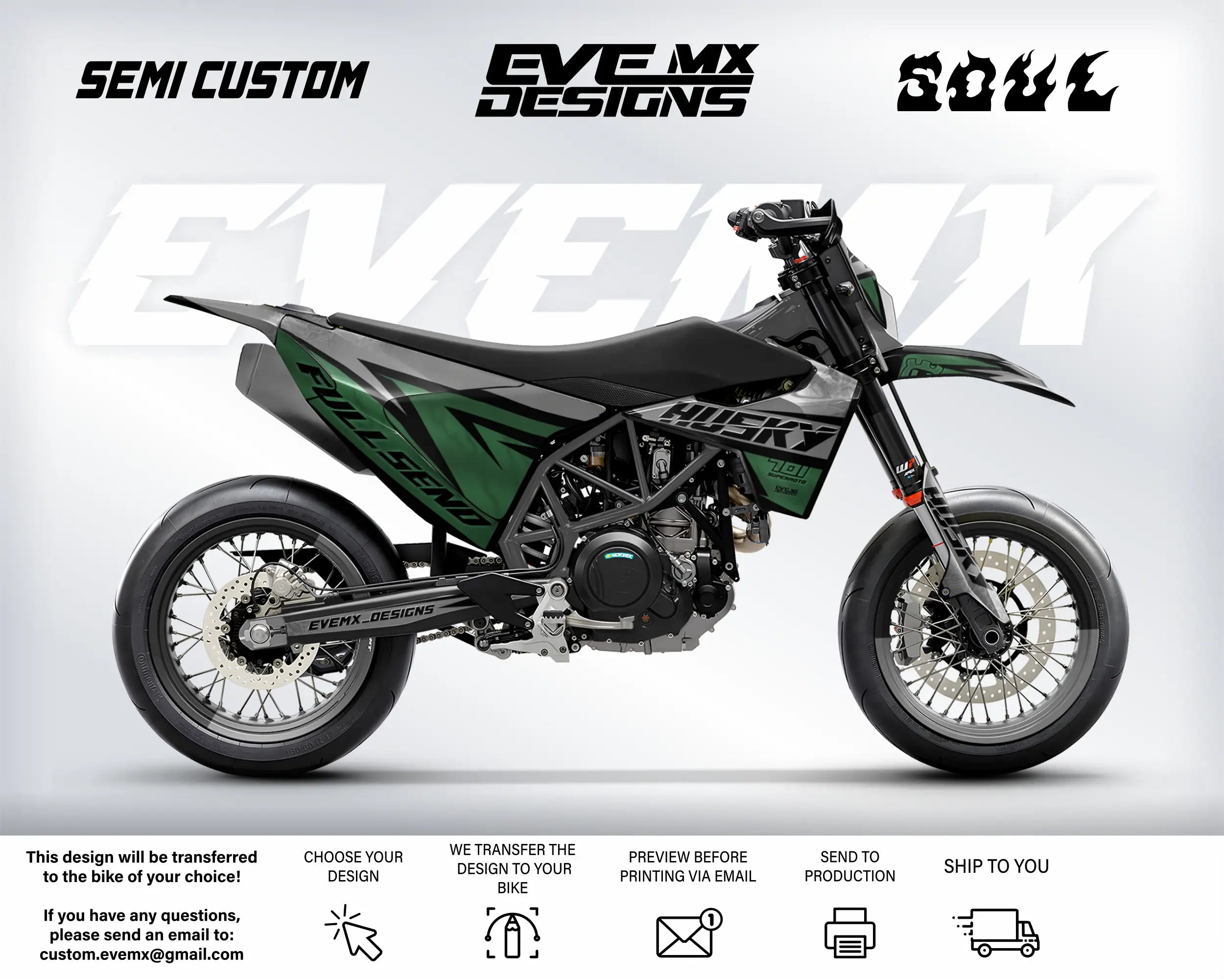 Custom motorcycle with 'EveMX Designs' branding on a white background