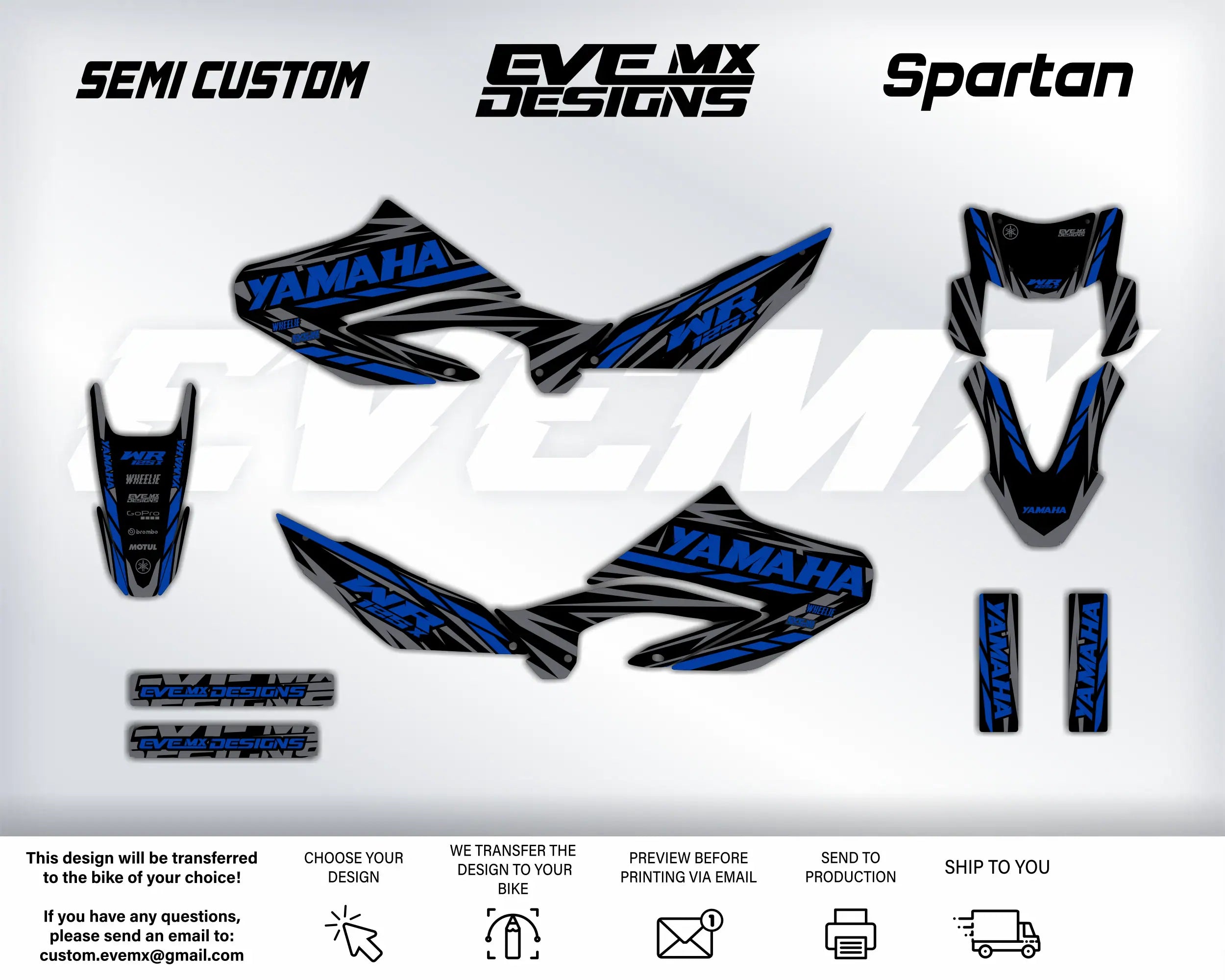 Yamaha motorcycle decals with SEMI CUSTOM, EveMX DESIGNS, and Spartan branding on a white background.