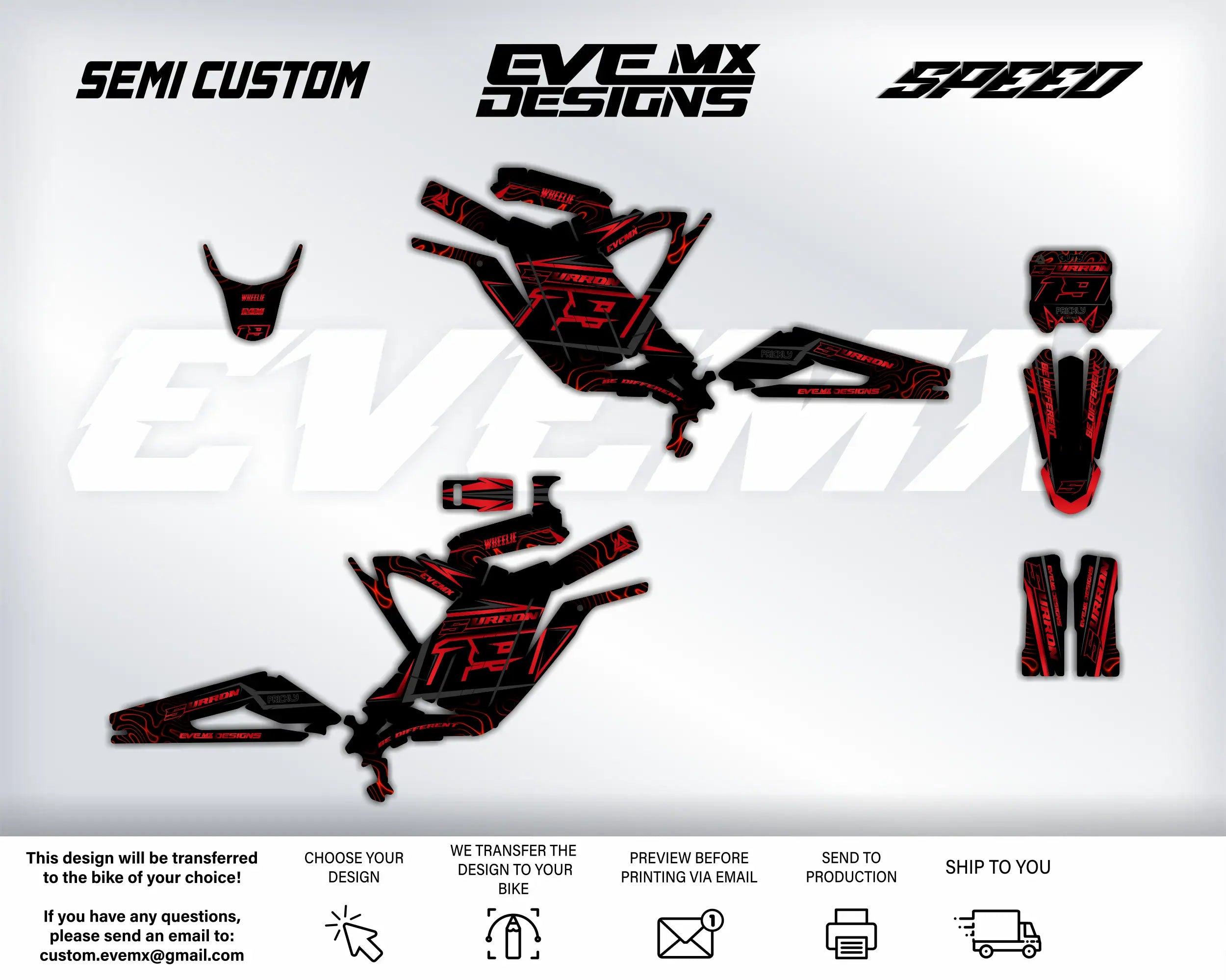 Motorcycle decal design with 'Semi Custom', 'EveMX Designs', and 'Speed' branding on a white background.
