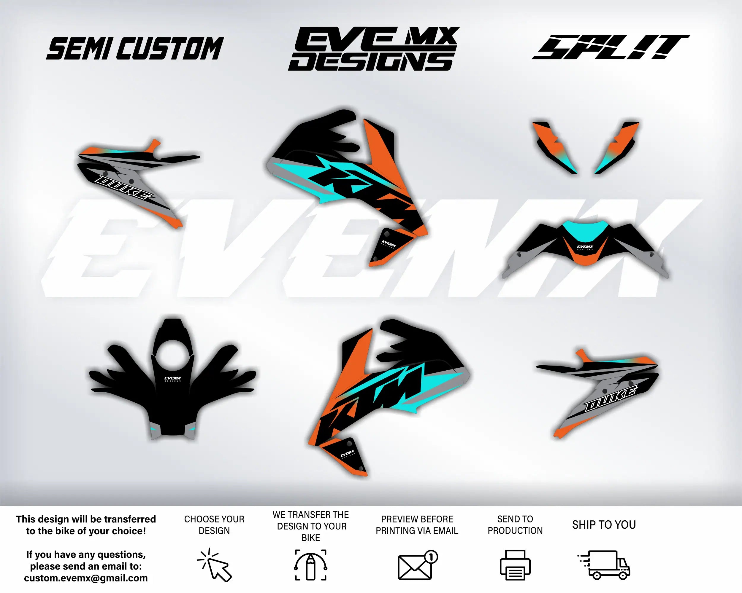Collection of KTM motorcycle decals with EveMX Designs branding on a white background