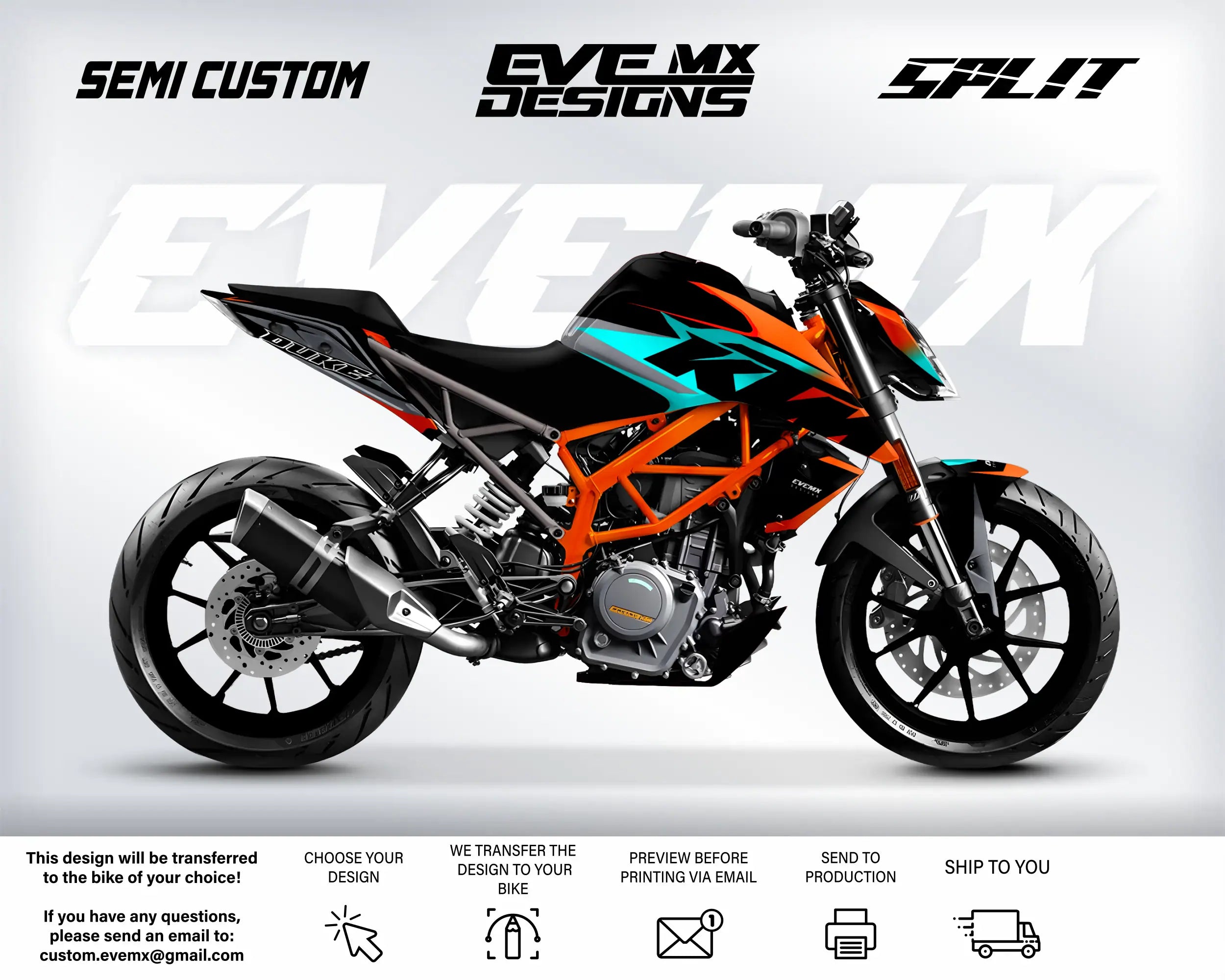 Motorcycle with EveMX Designs custom design elements on a white background, featuring branding and design transfer information.
