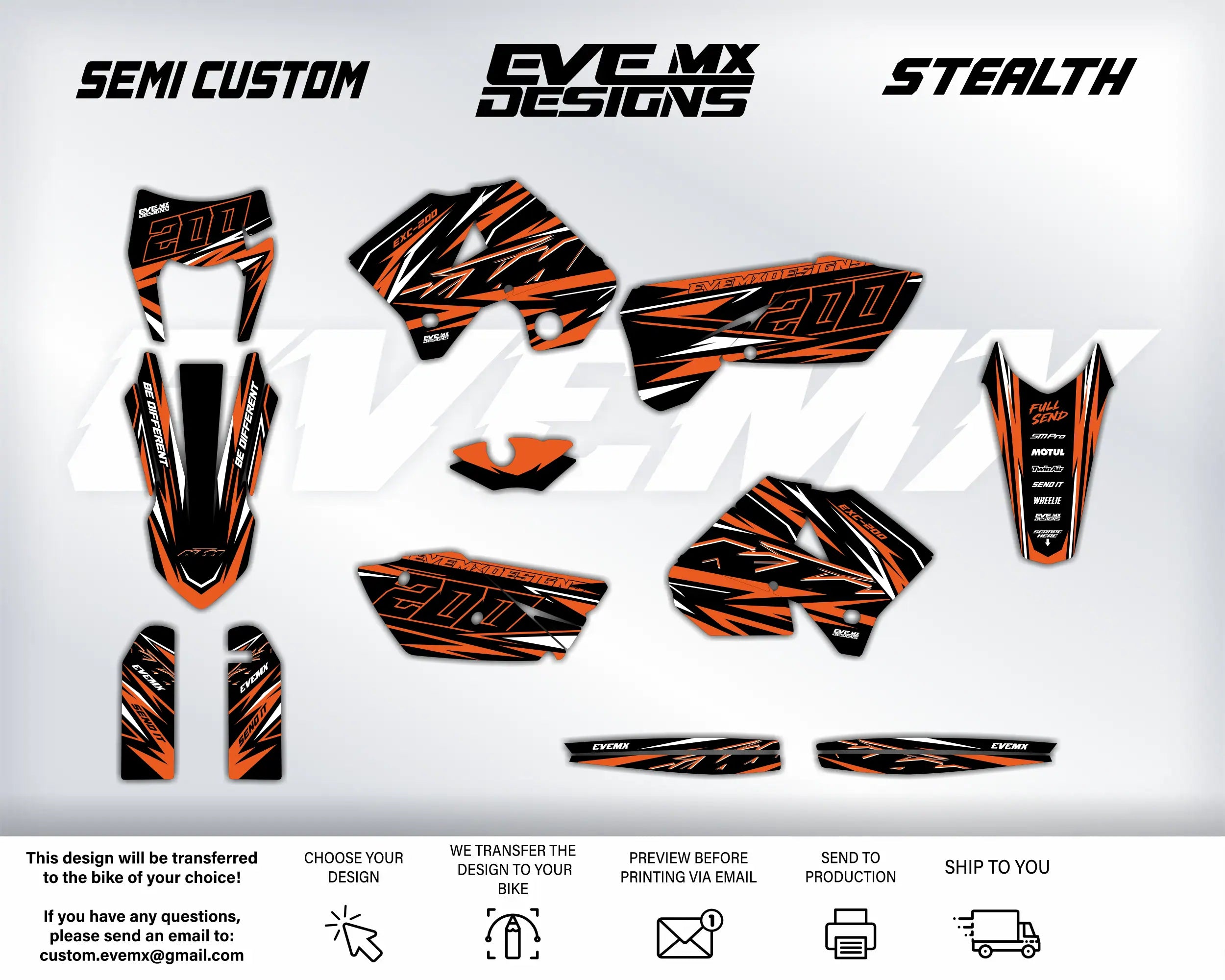 Collection of orange and black motorcycle decals with 'EveMX Designs' branding on a white background.