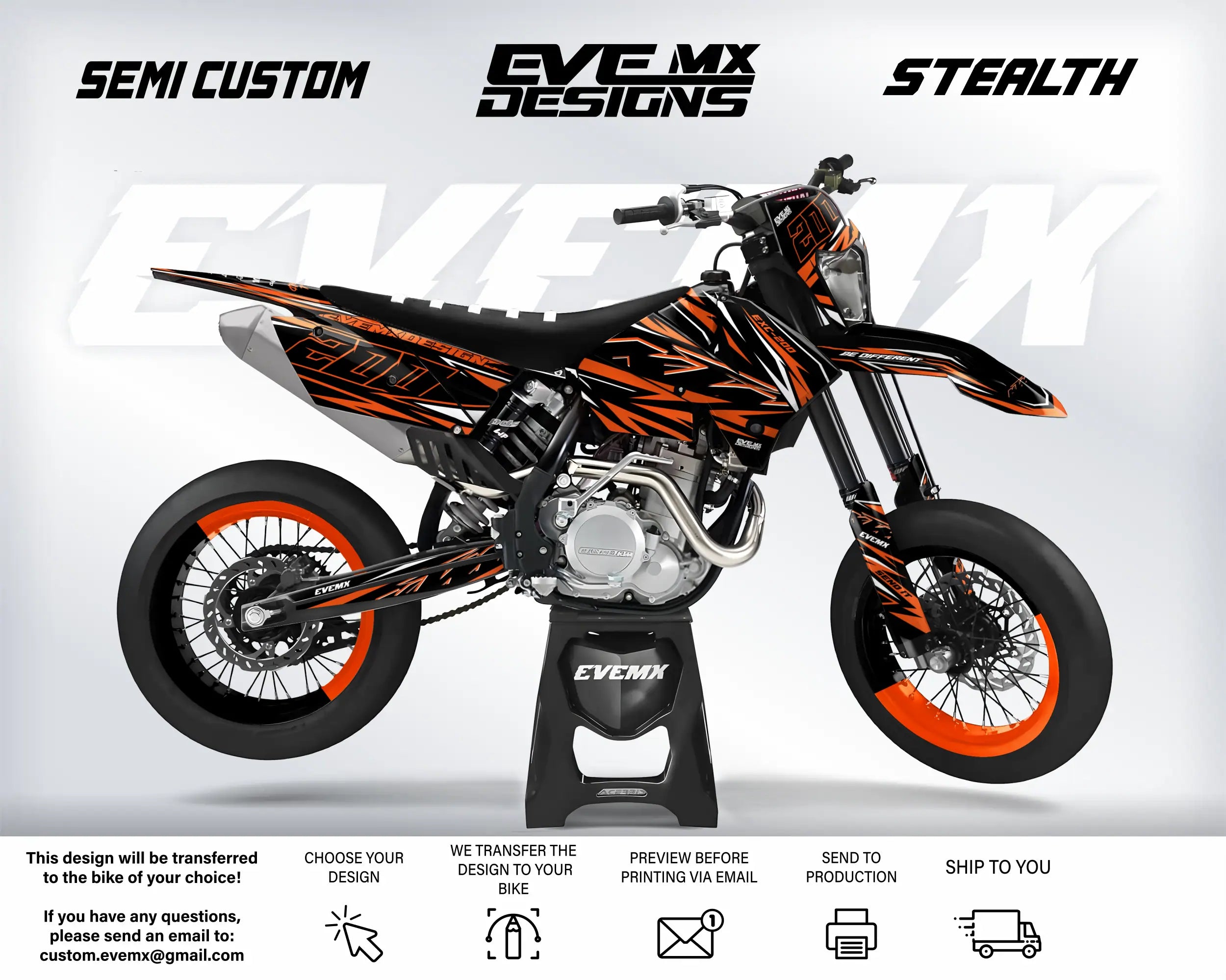 Motorcycle with orange and black design on a white background, featuring 'EveMX Designs' branding.