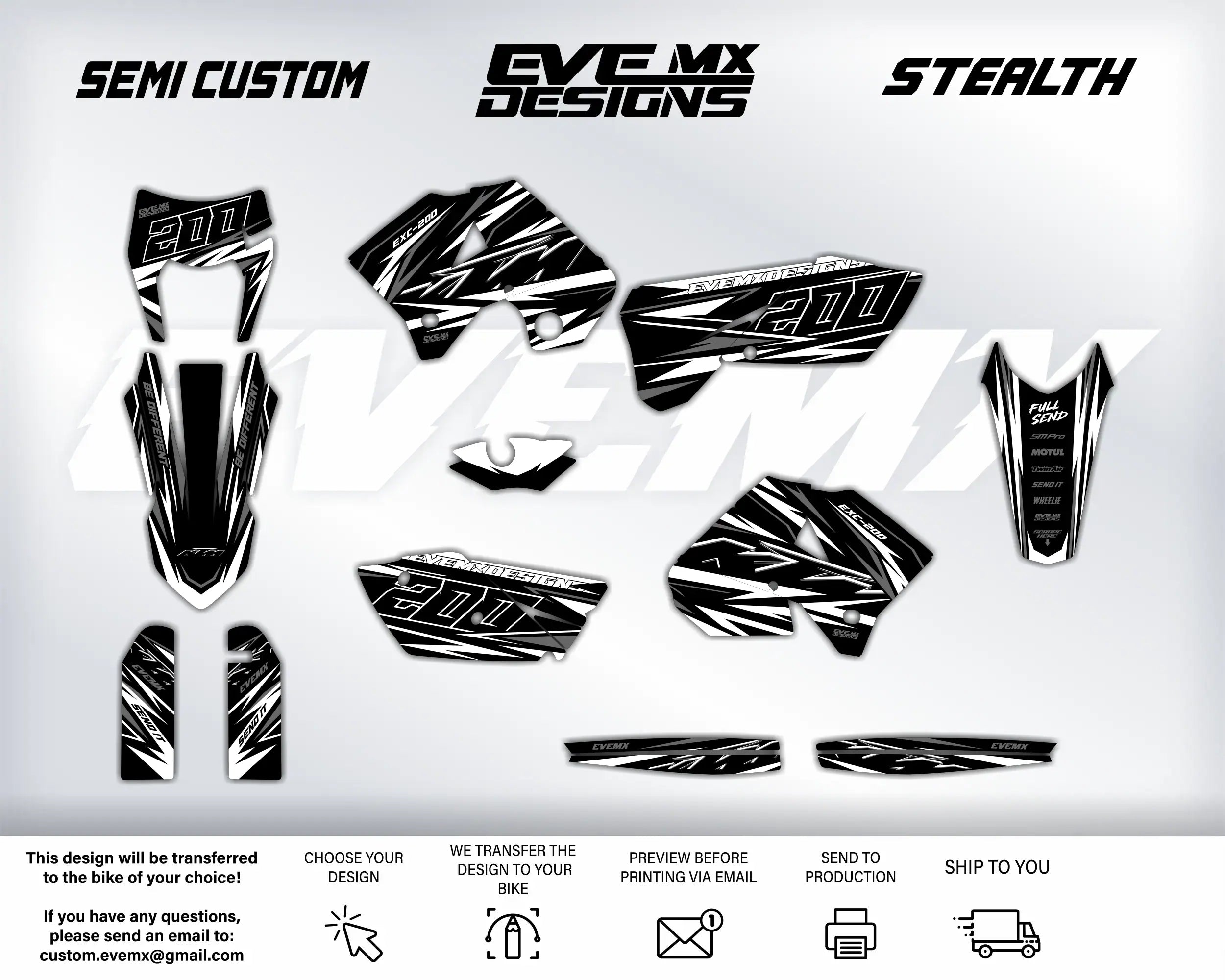 Motorcycle graphics kit with 'EveMX Designs' branding on a white background