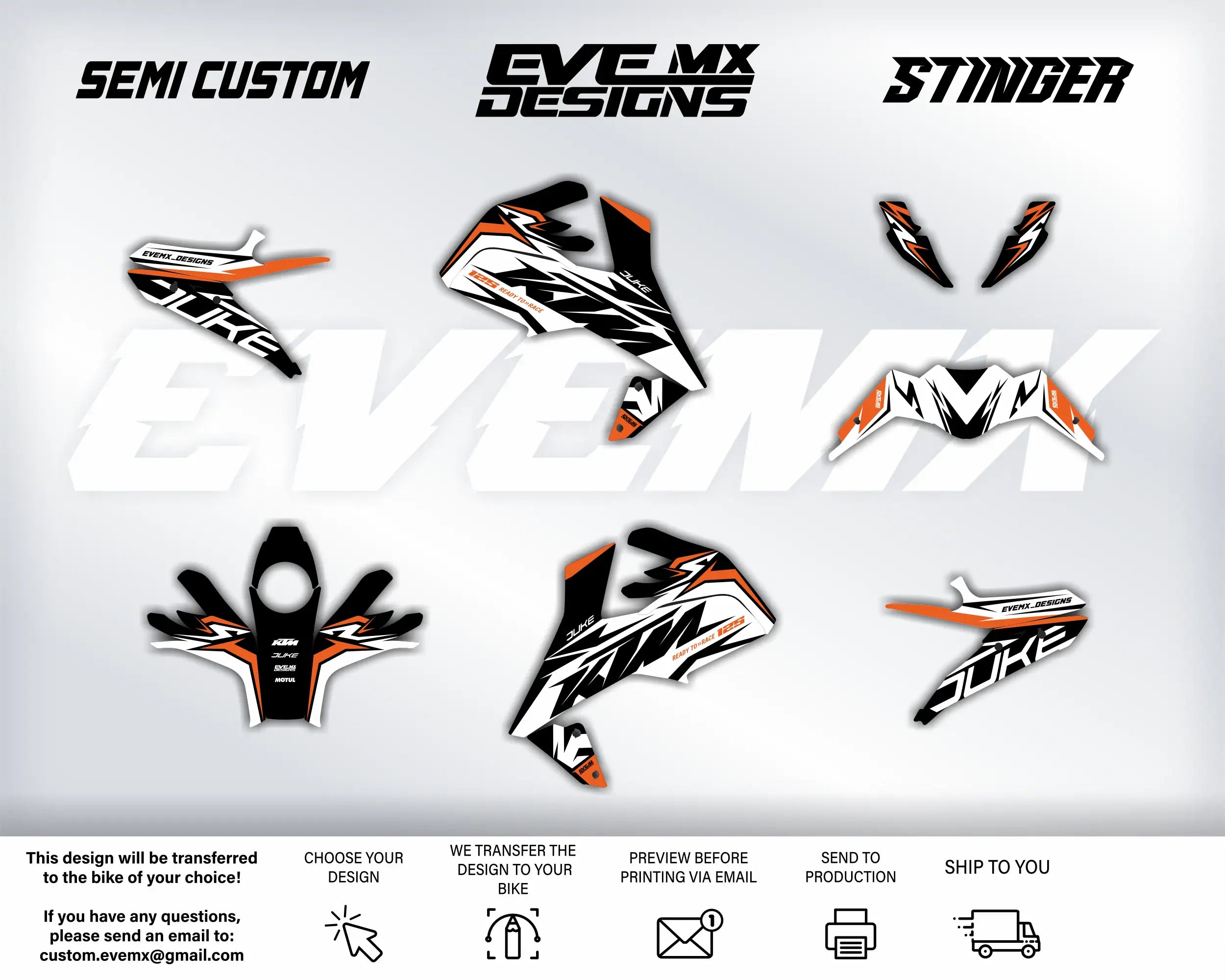 Collection of KTM motorcycle decals with EveMX Designs brand names on a white background