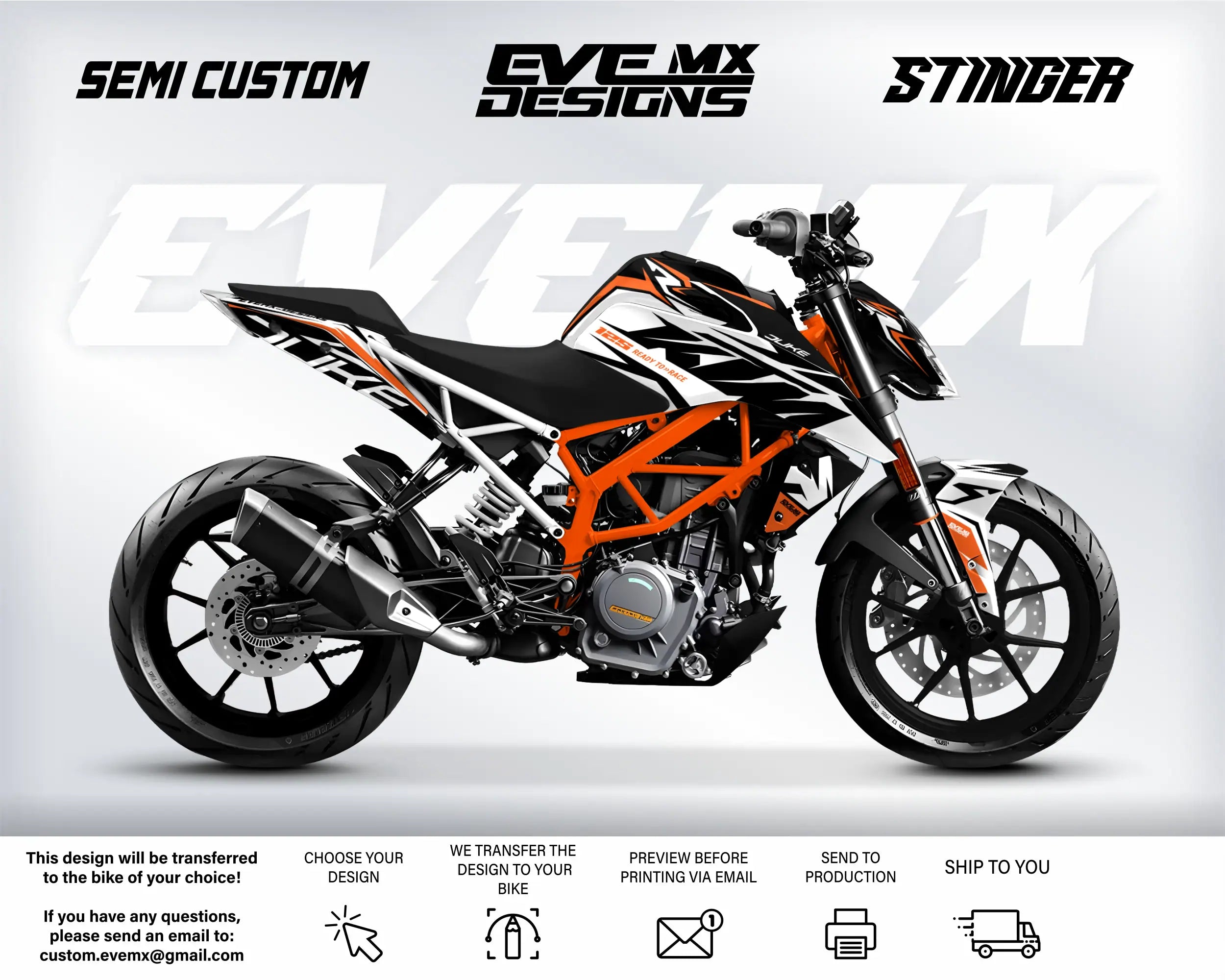 Motorcycle with 'EveMX Designs' branding on a white background