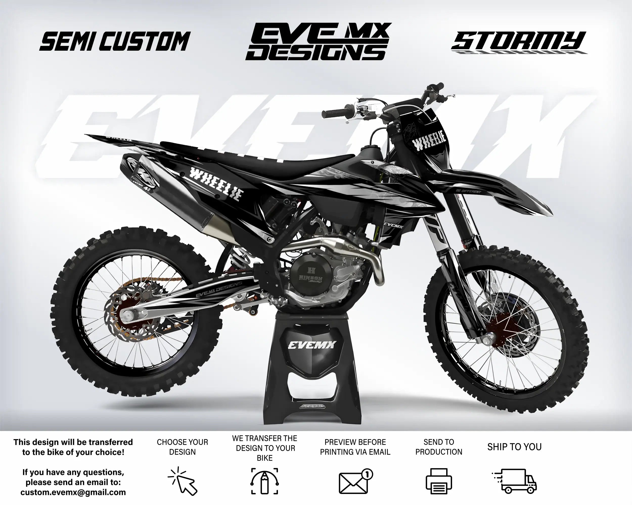 Motocross bike with 'EveMX Designs' branding on a white background