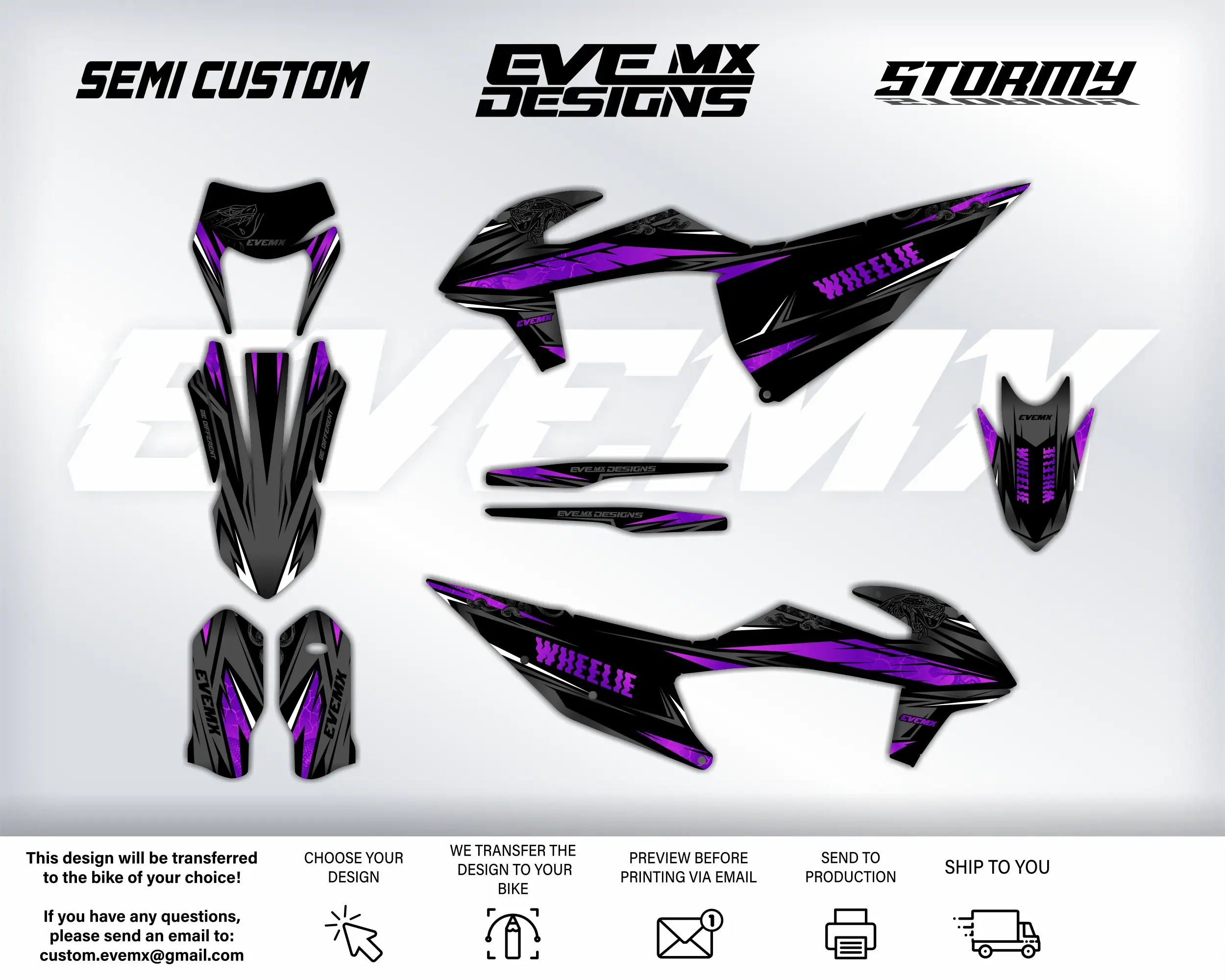 Motorcycle wrap design kit with purple and black graphics on a white background, featuring EveMX Designs branding and contact information.