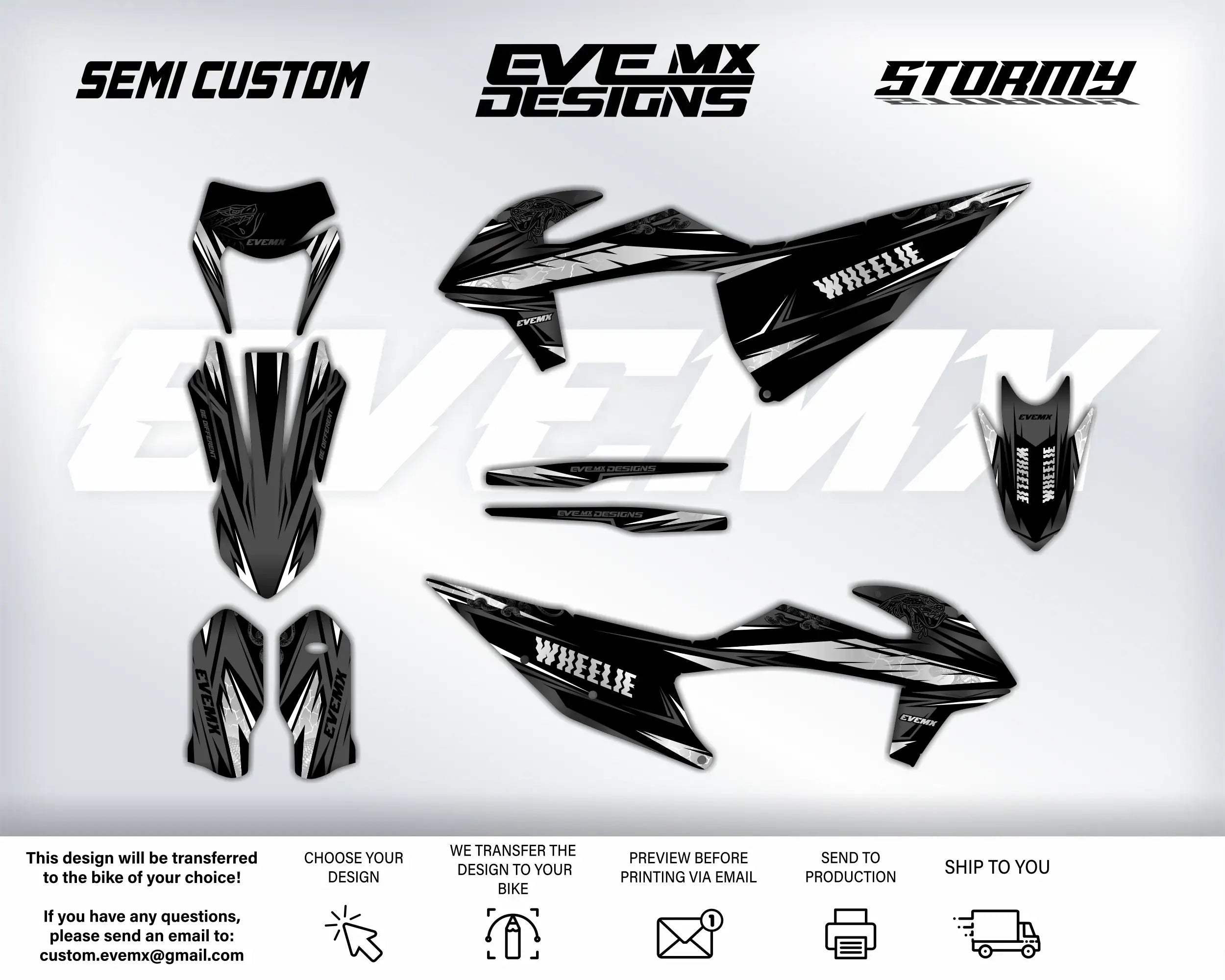 Black motorcycle decals with 'EveMX Designs' branding on a white background