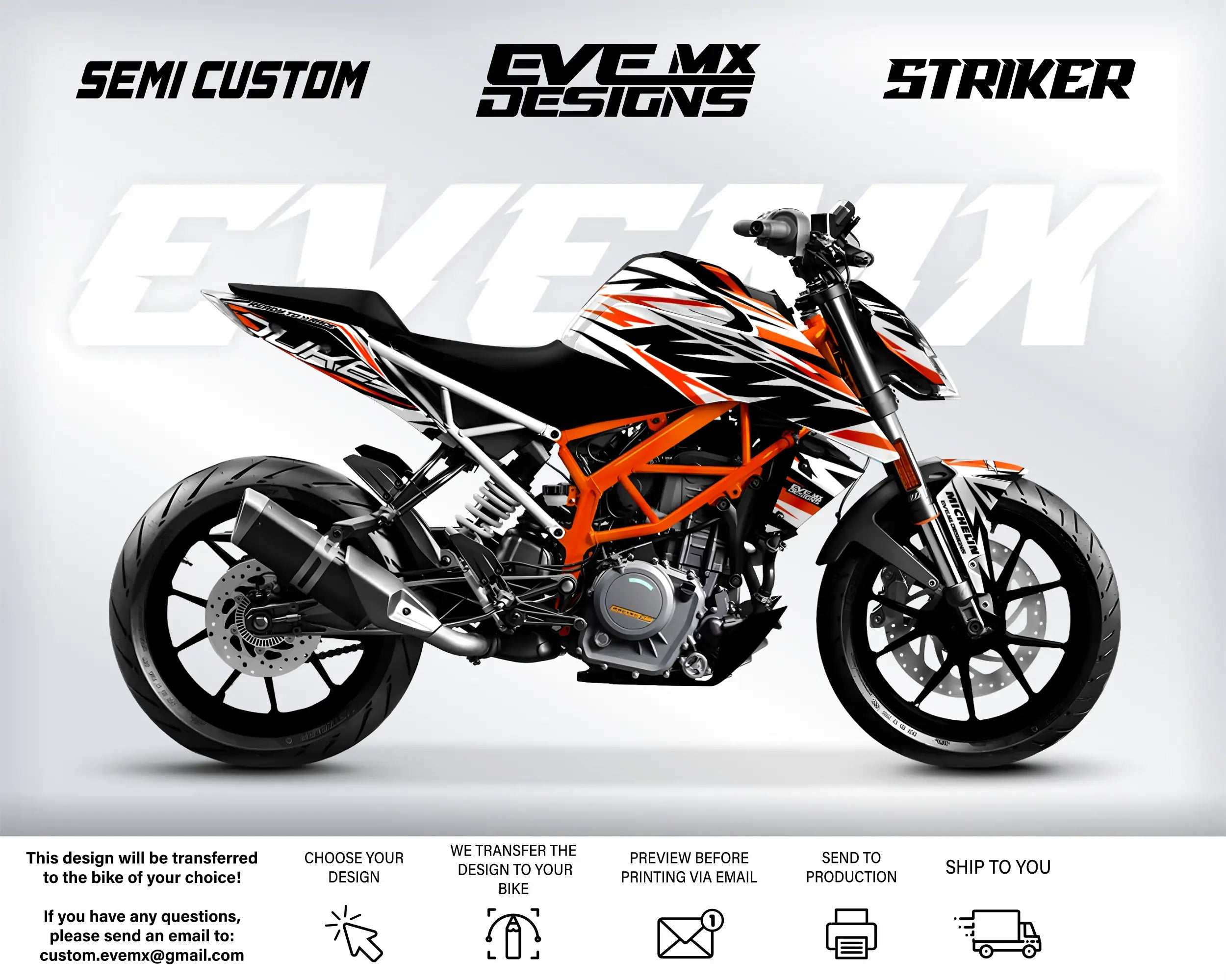 Motorcycle with custom design on a white background, featuring 'EveMX Designs' branding.