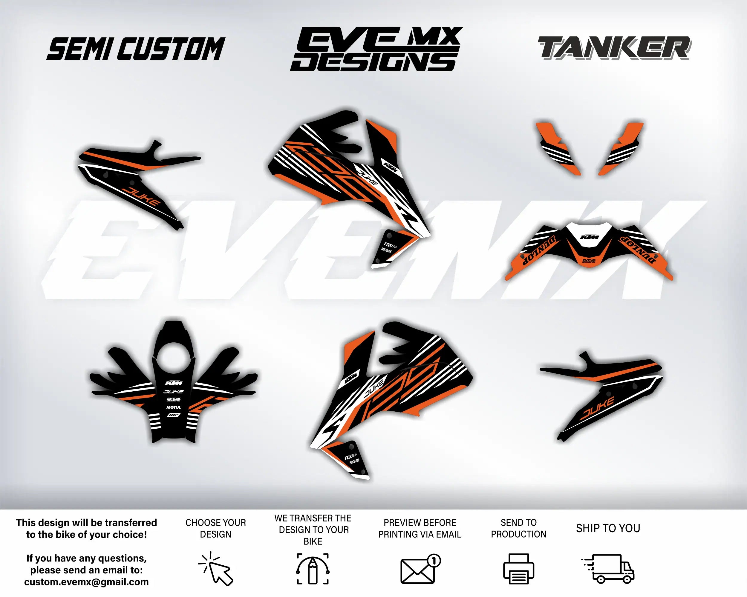 Collection of motorcycle decals with 'EveMX Designs' branding on a white background