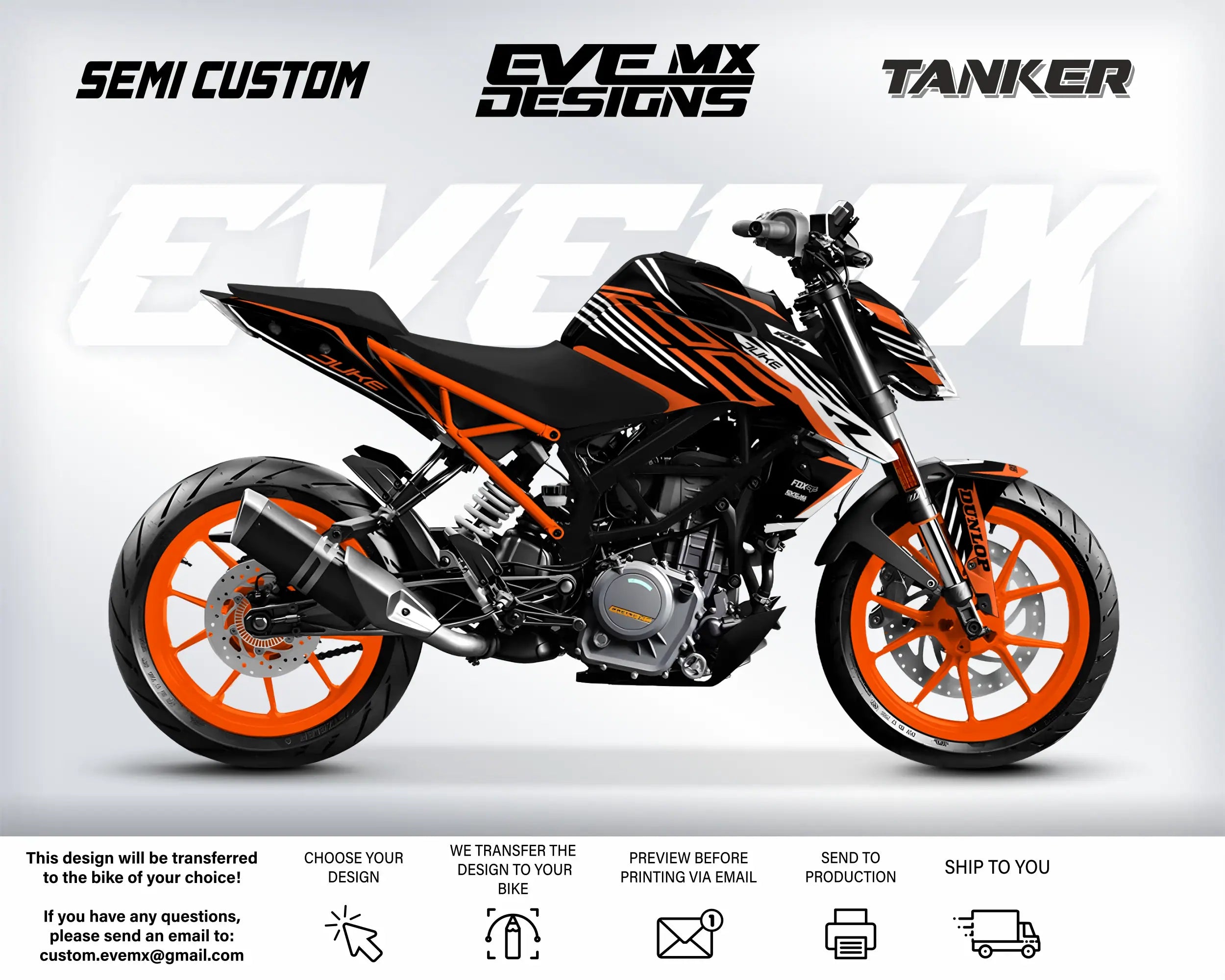 Motorcycle with orange and black design on a white background, featuring 'EveMX Designs' branding.