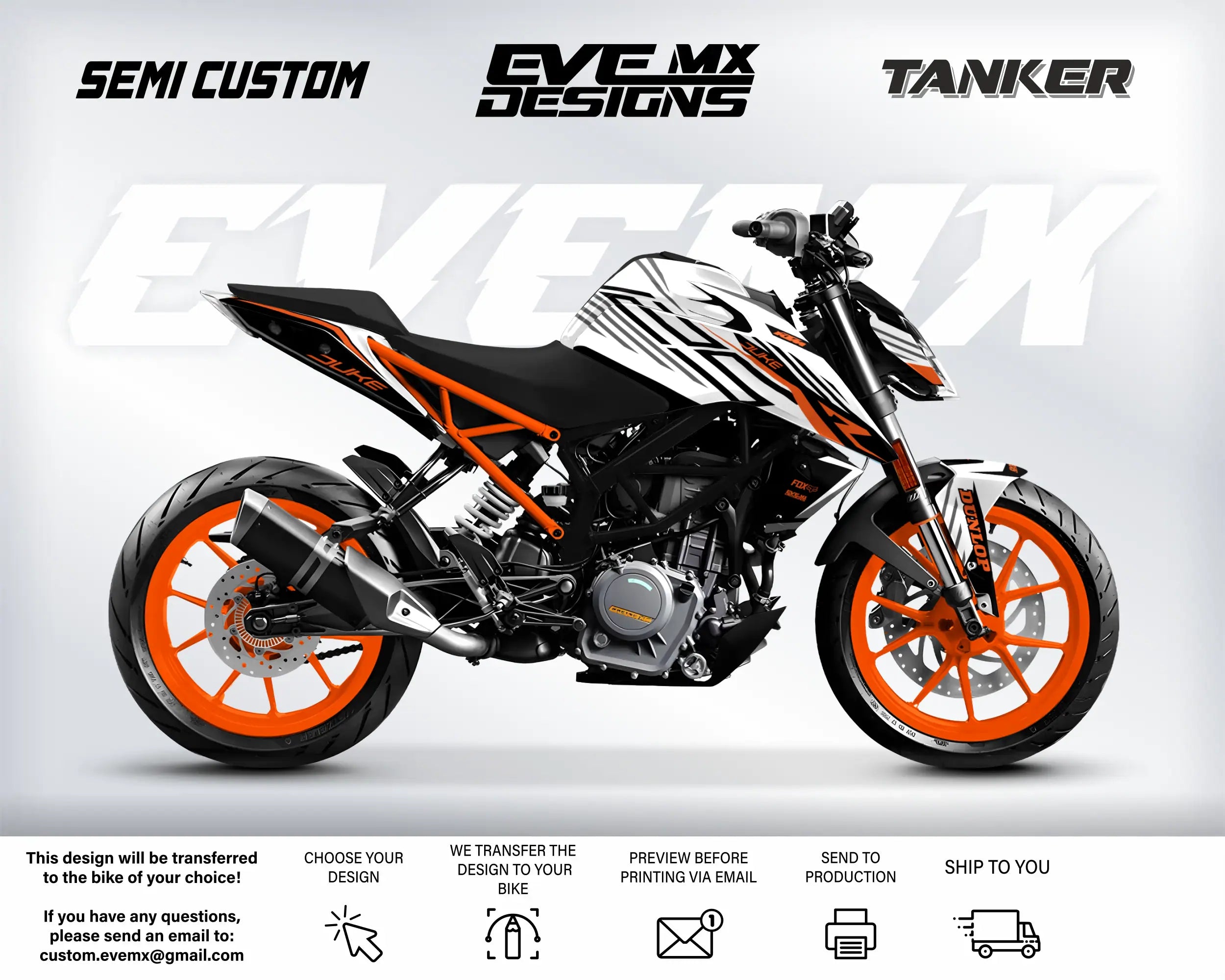 Motorcycle with orange and black design on a white background, featuring 'EveMX Designs' branding.