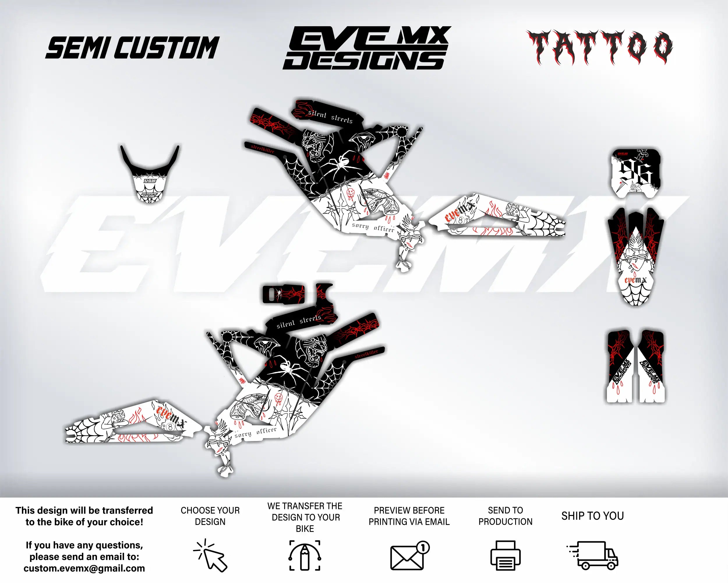 Motorcycle graphics design with 'EveMX Designs' branding on a white background