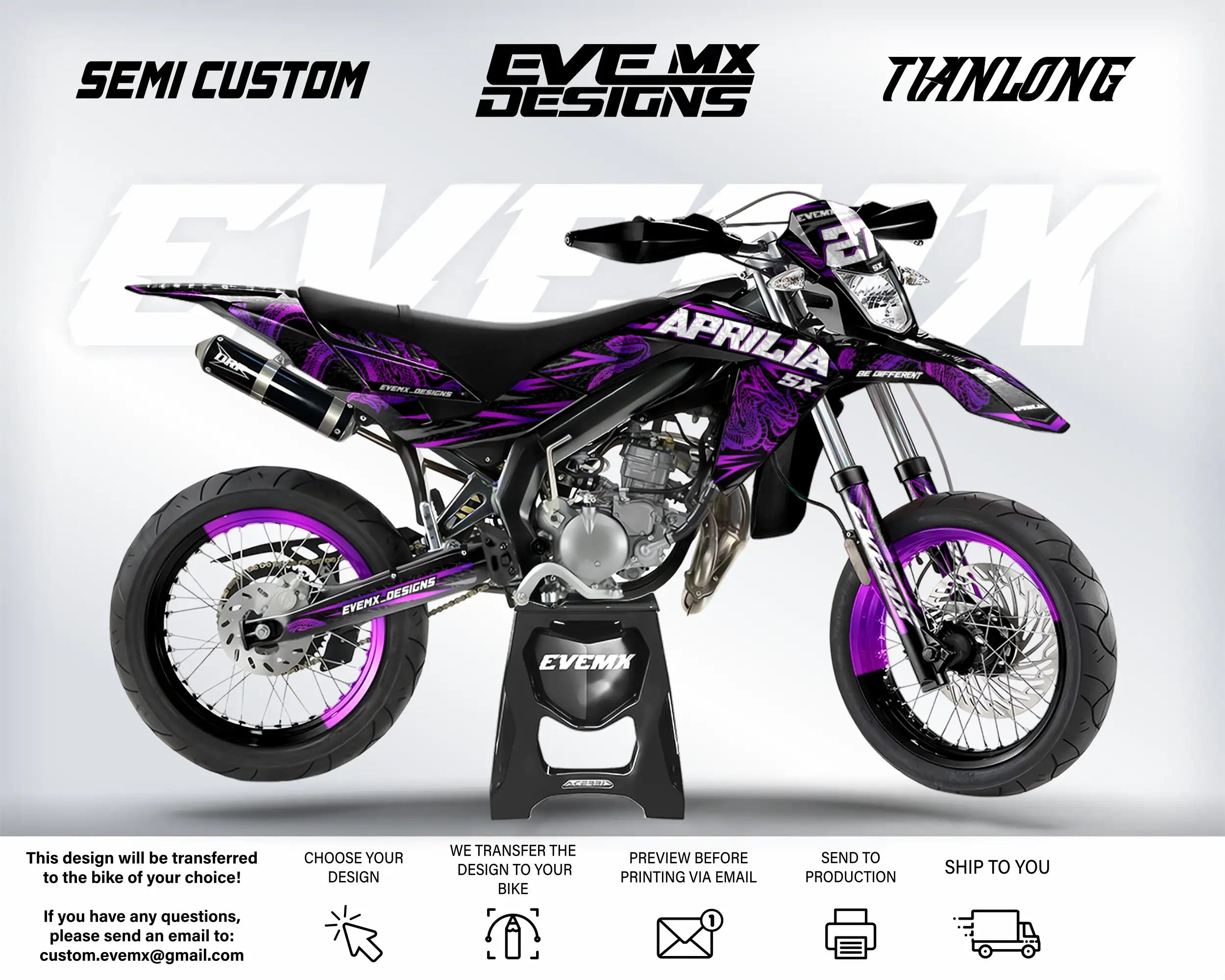 Motorcycle with purple and black design on a white background, featuring 'EveMX Designs' and 'Tianlong'.