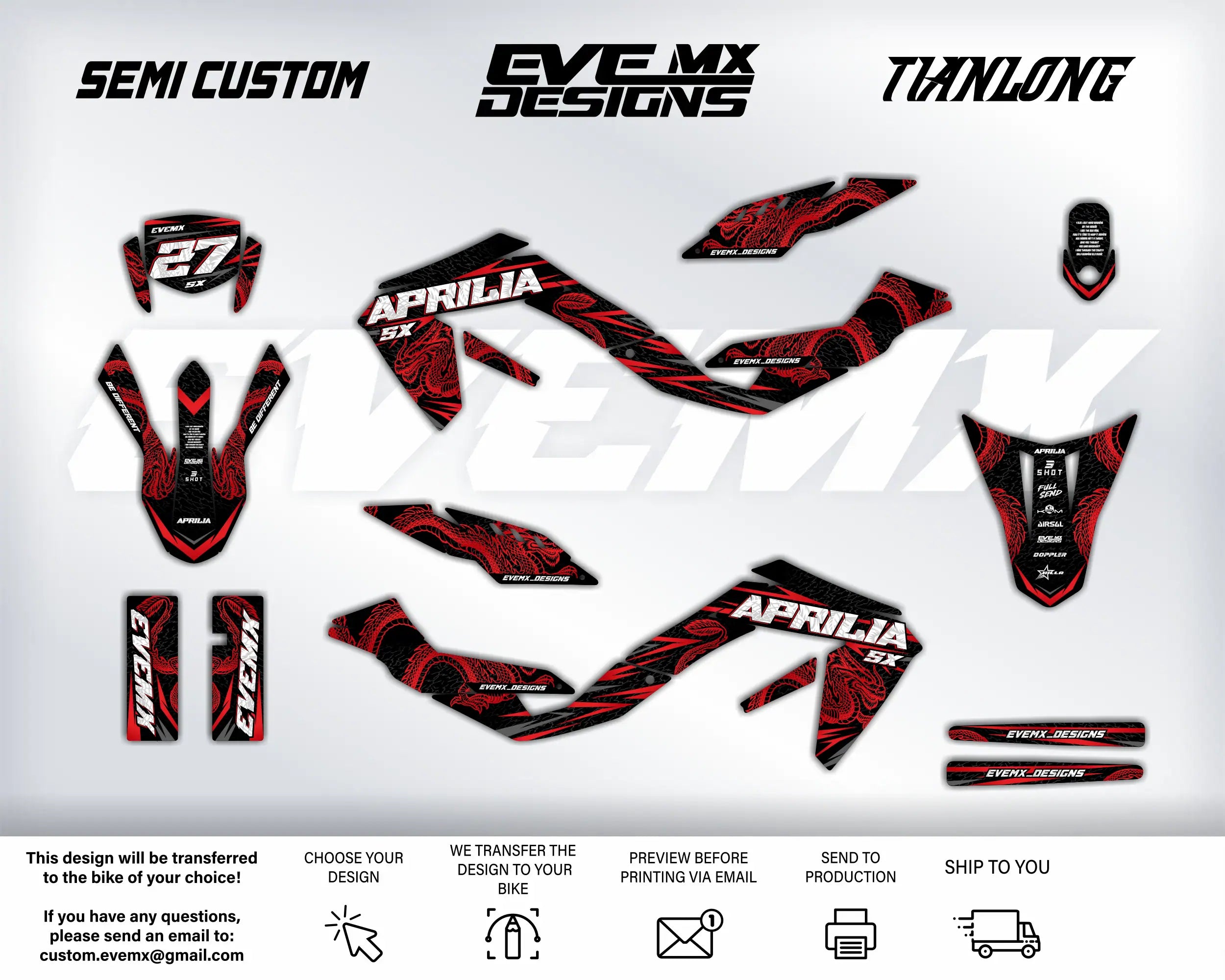 Motorcycle decals with Aprilia EveMX Designs branding on a white background