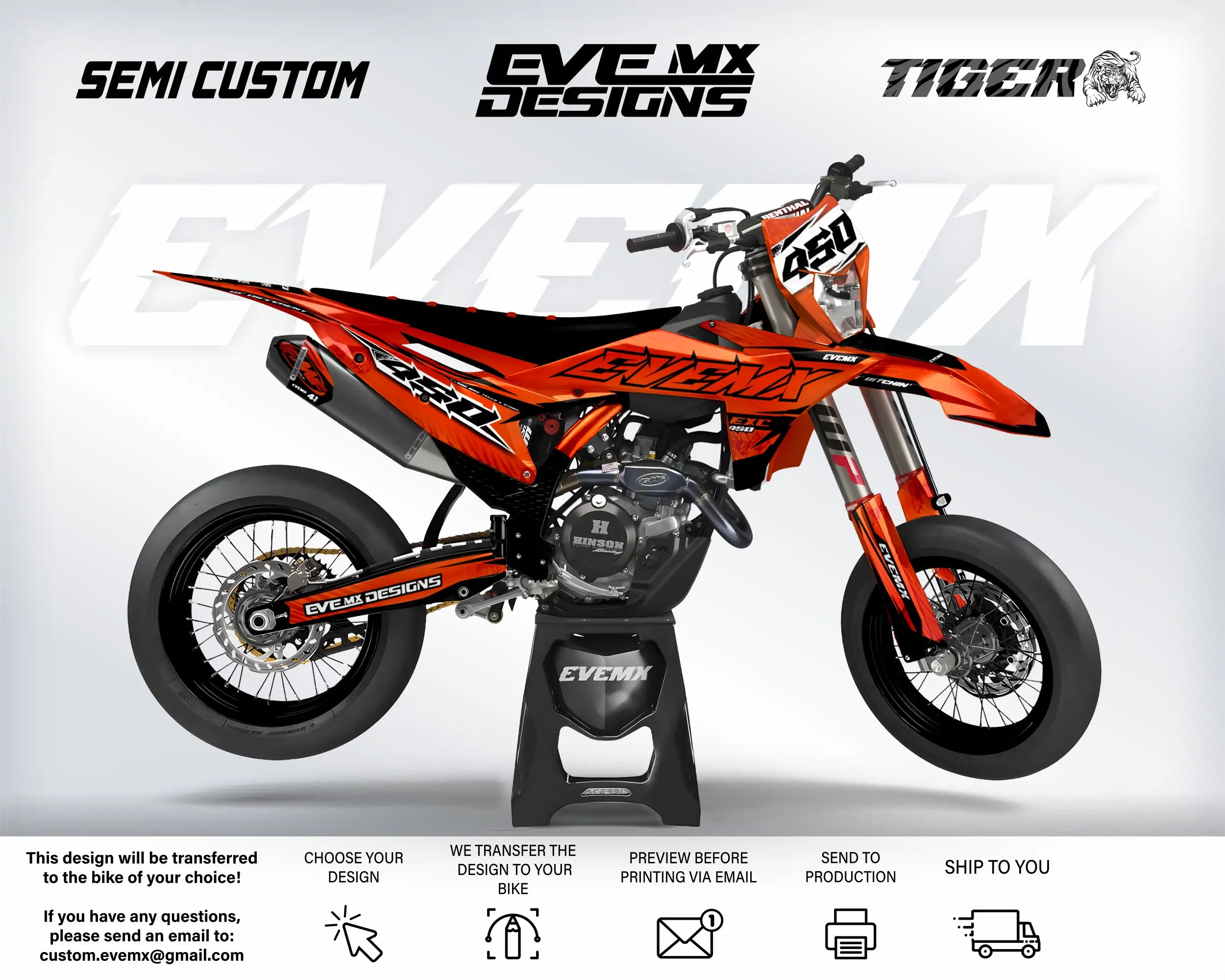 Orange and black motorcycle with 'EveMX Designs' branding on a white background