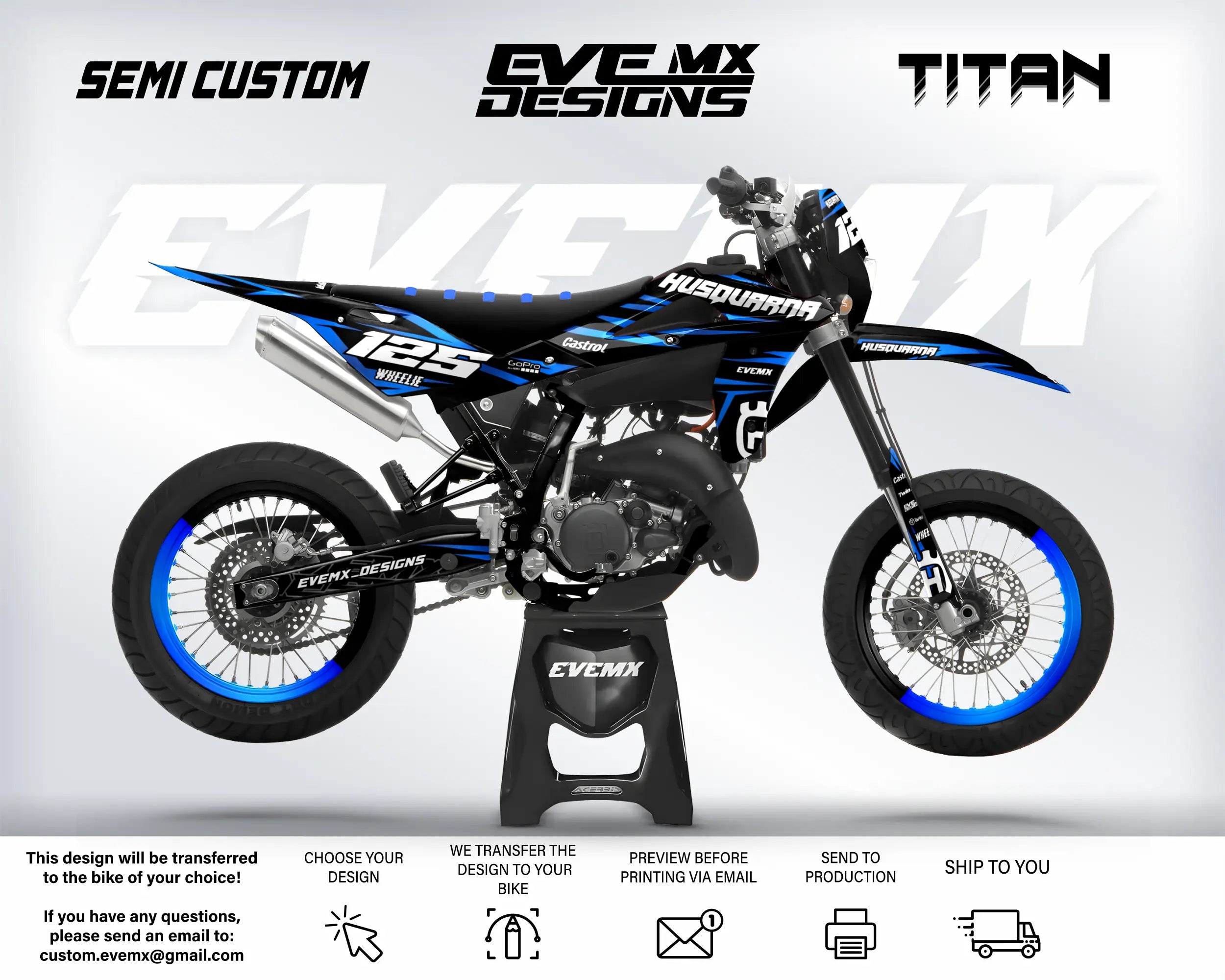 Motocross bike with 'EveMX Designs' branding on a white background