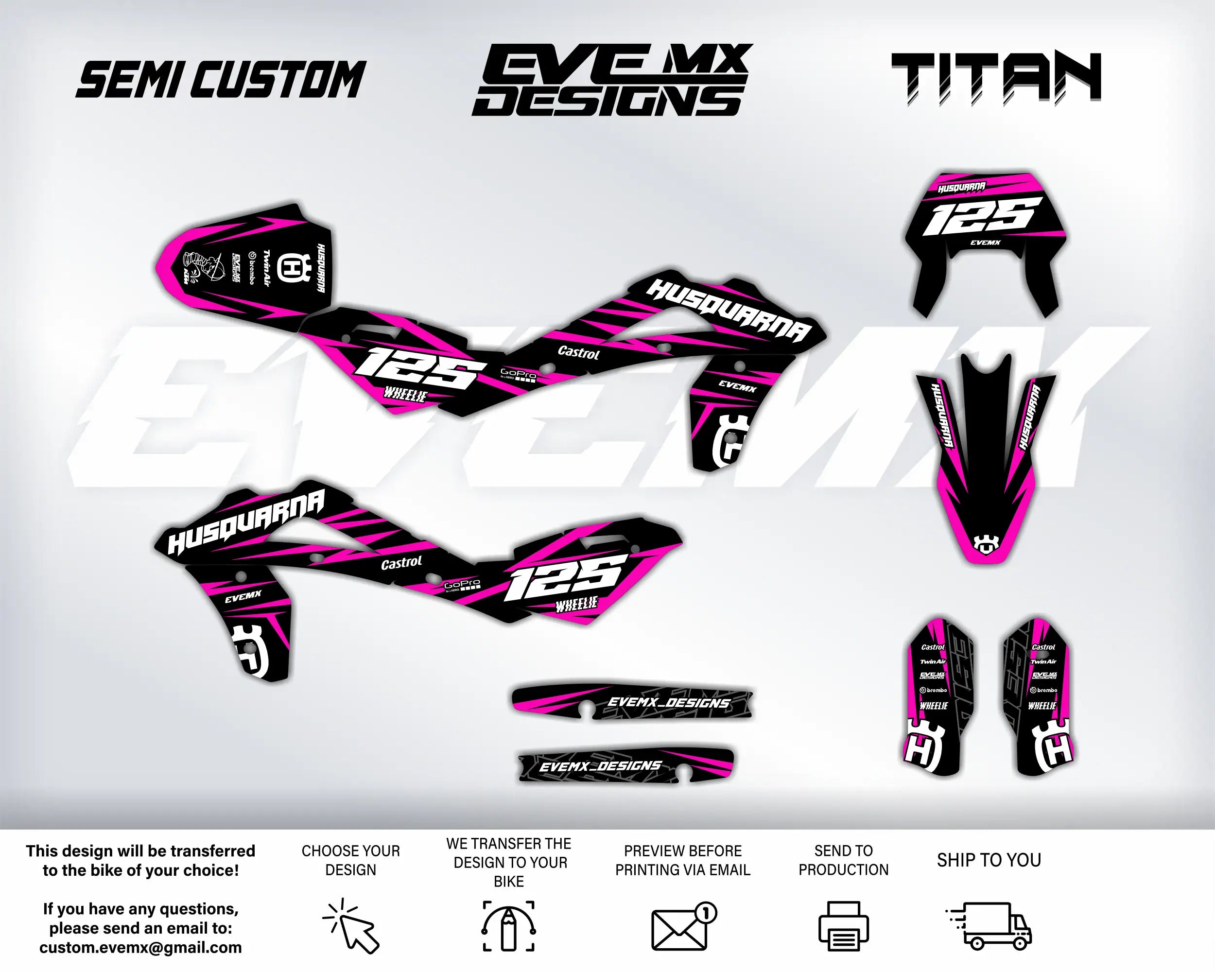 Motorcycle graphics kit with Husqvarna and EVEMX Designs branding on a white background.