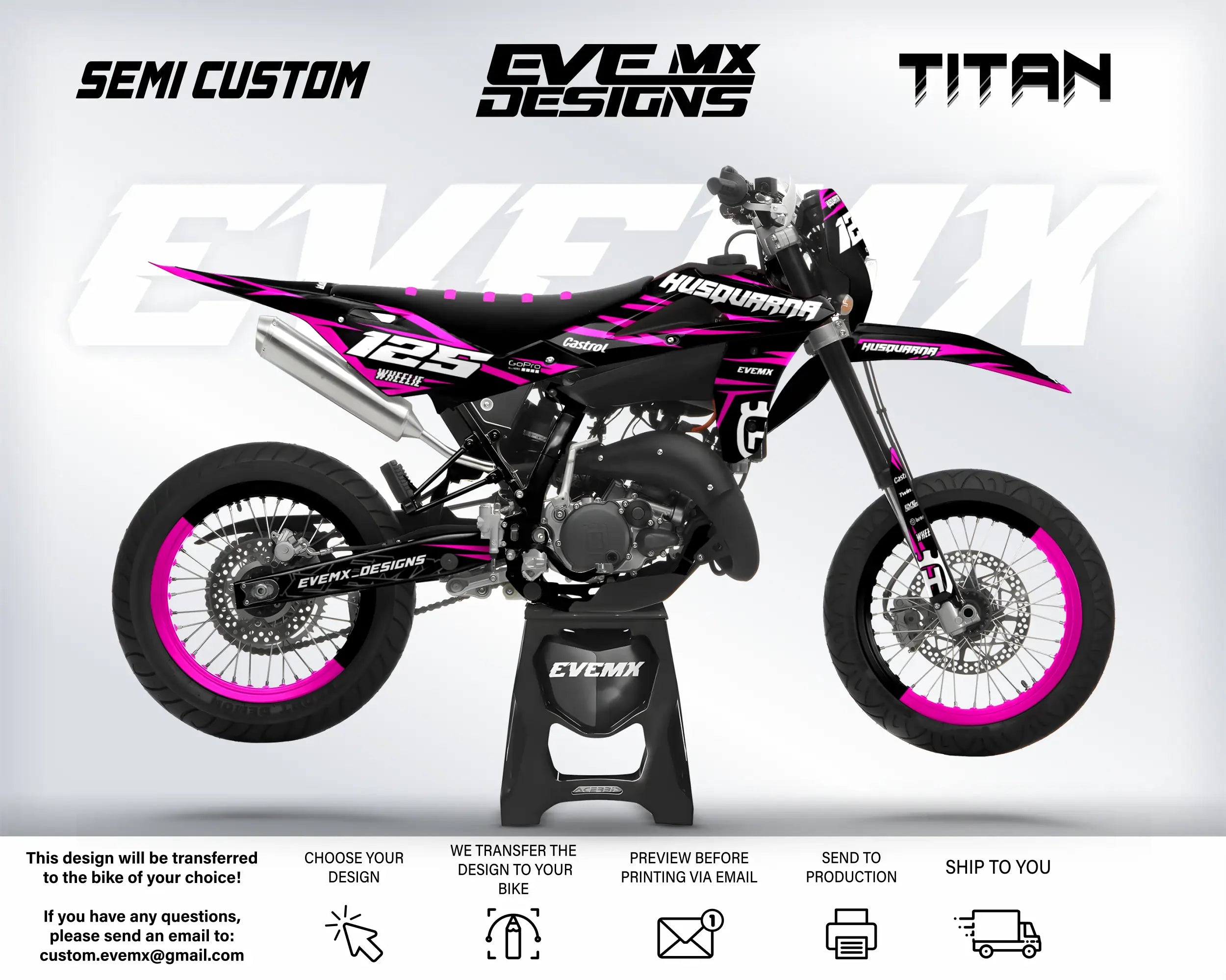 Motocross bike with pink and black design on a white background, featuring 'EveMX Designs' branding.