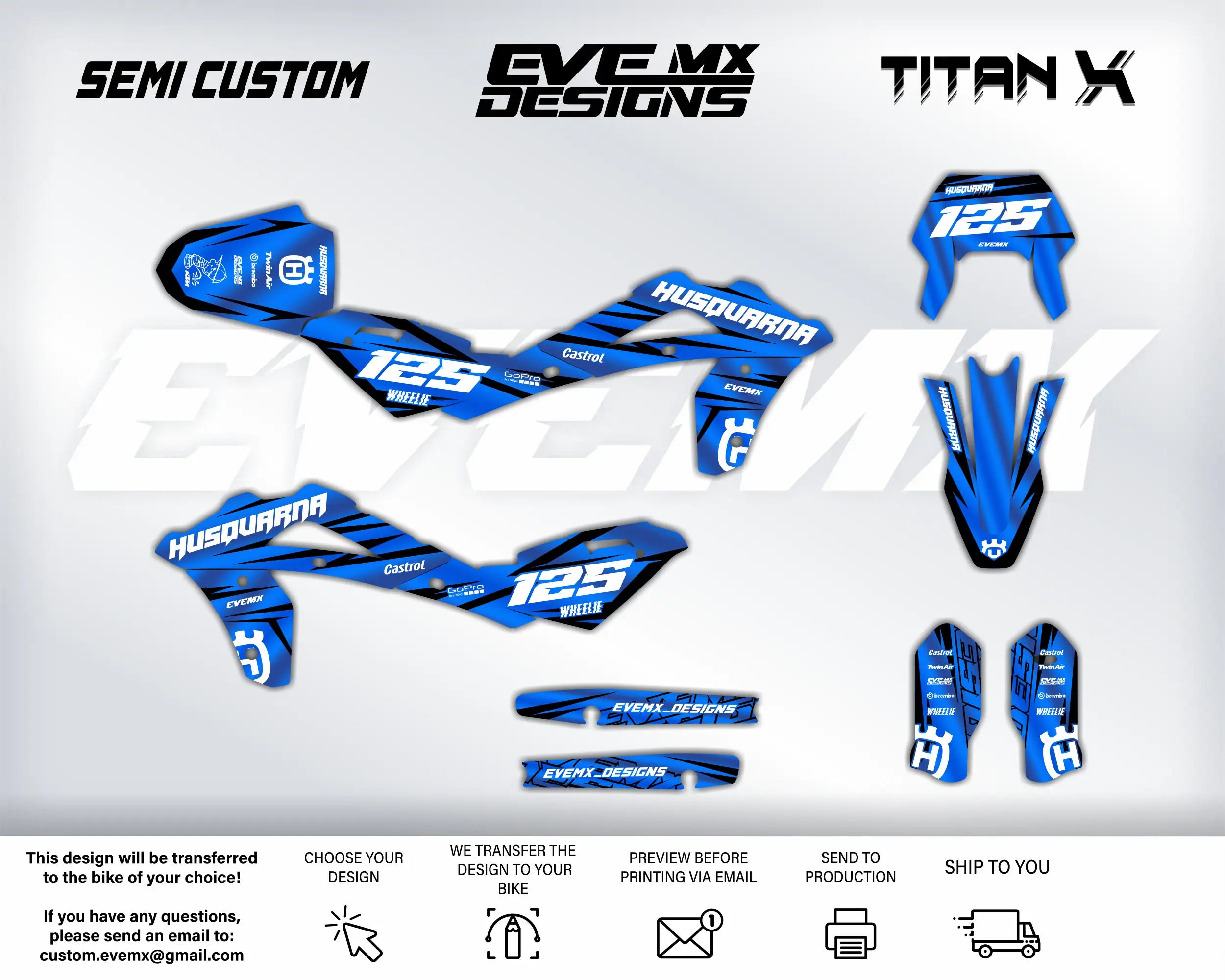 Motocross graphics kit with Husqvarna EveMx Designs branding on a white background