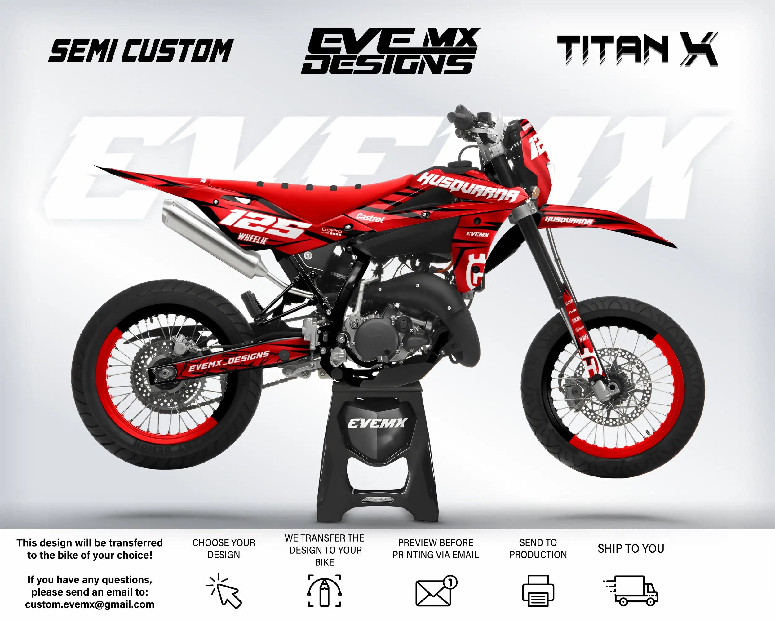 Red and black dirt bike with 'EveMX Designs' branding on a white background