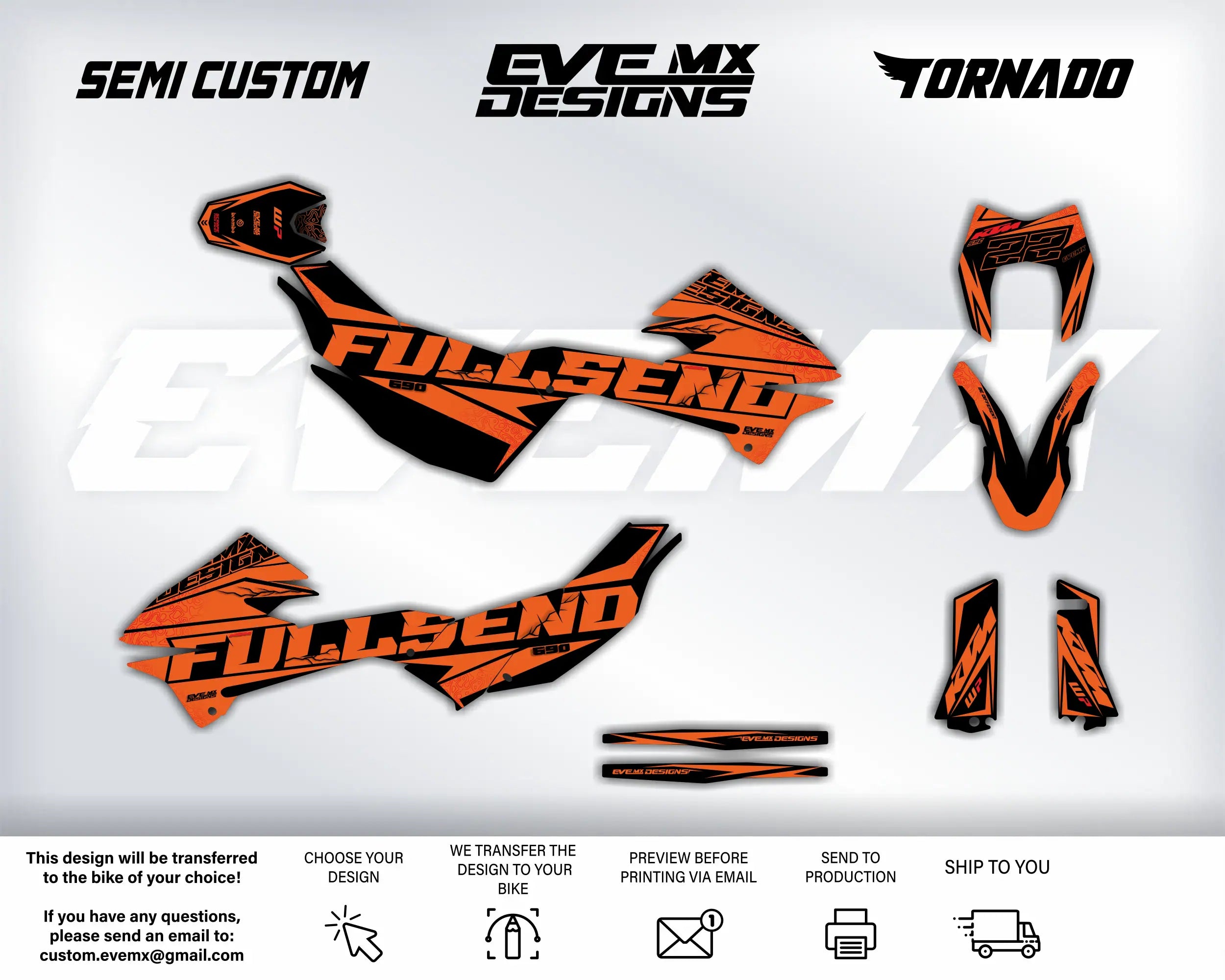Orange and black graphics with 'Fullsend' and 'EVEMX Designs' branding on a white background.