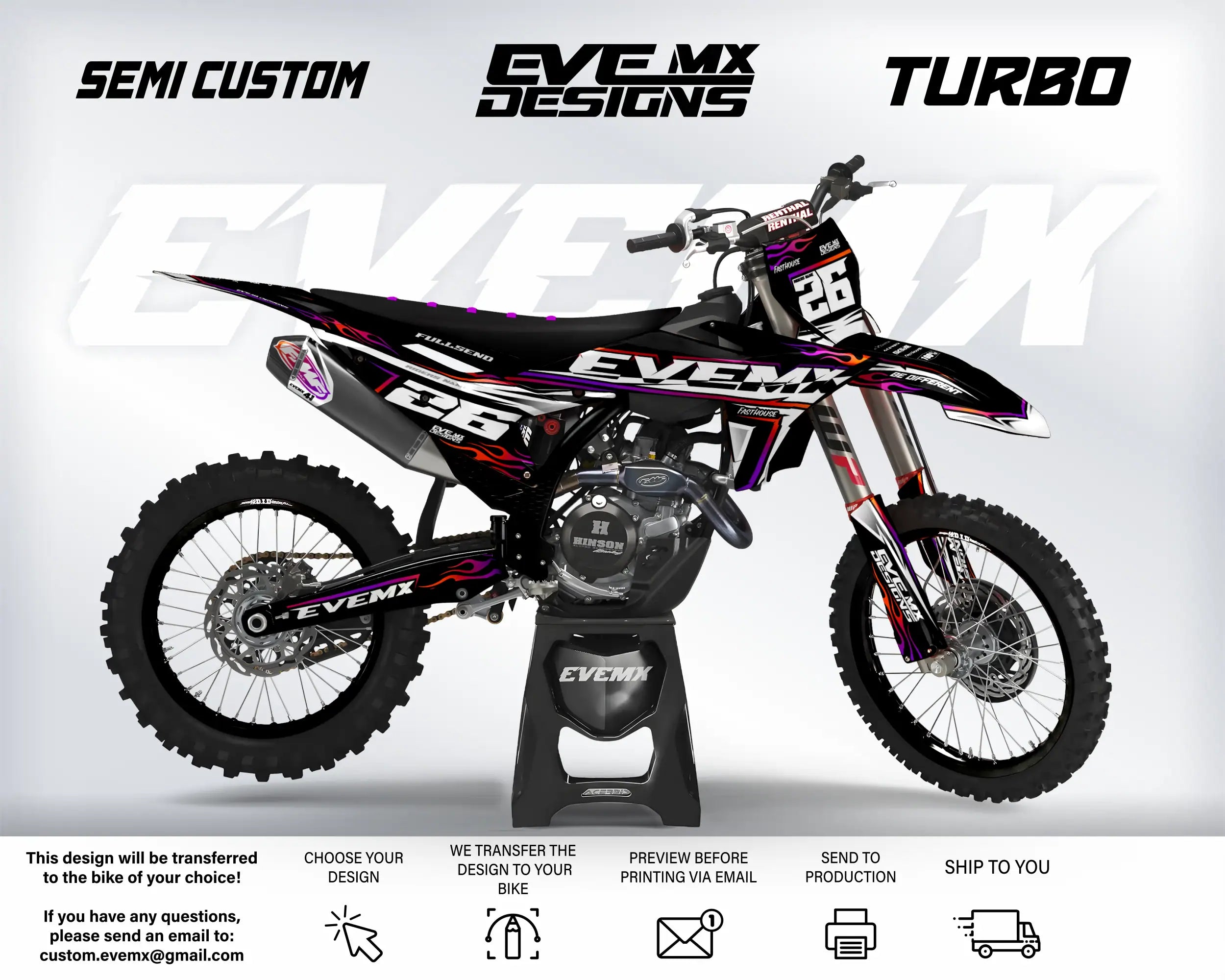 Motocross bike with 'EveMX Designs' branding on a white background
