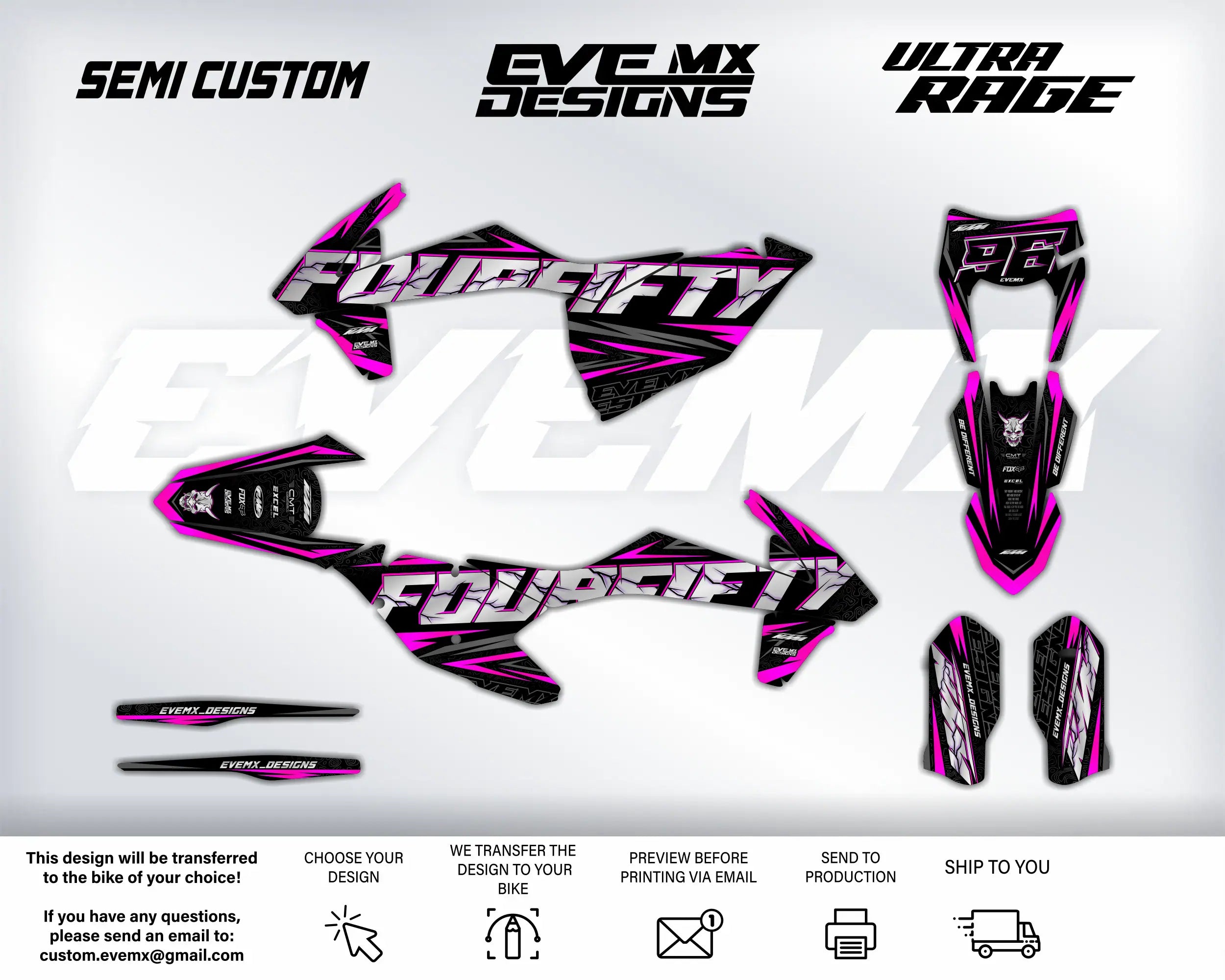 Motocross graphics kit with pink and black design on a white background, featuring 'EveMX Designs' branding.