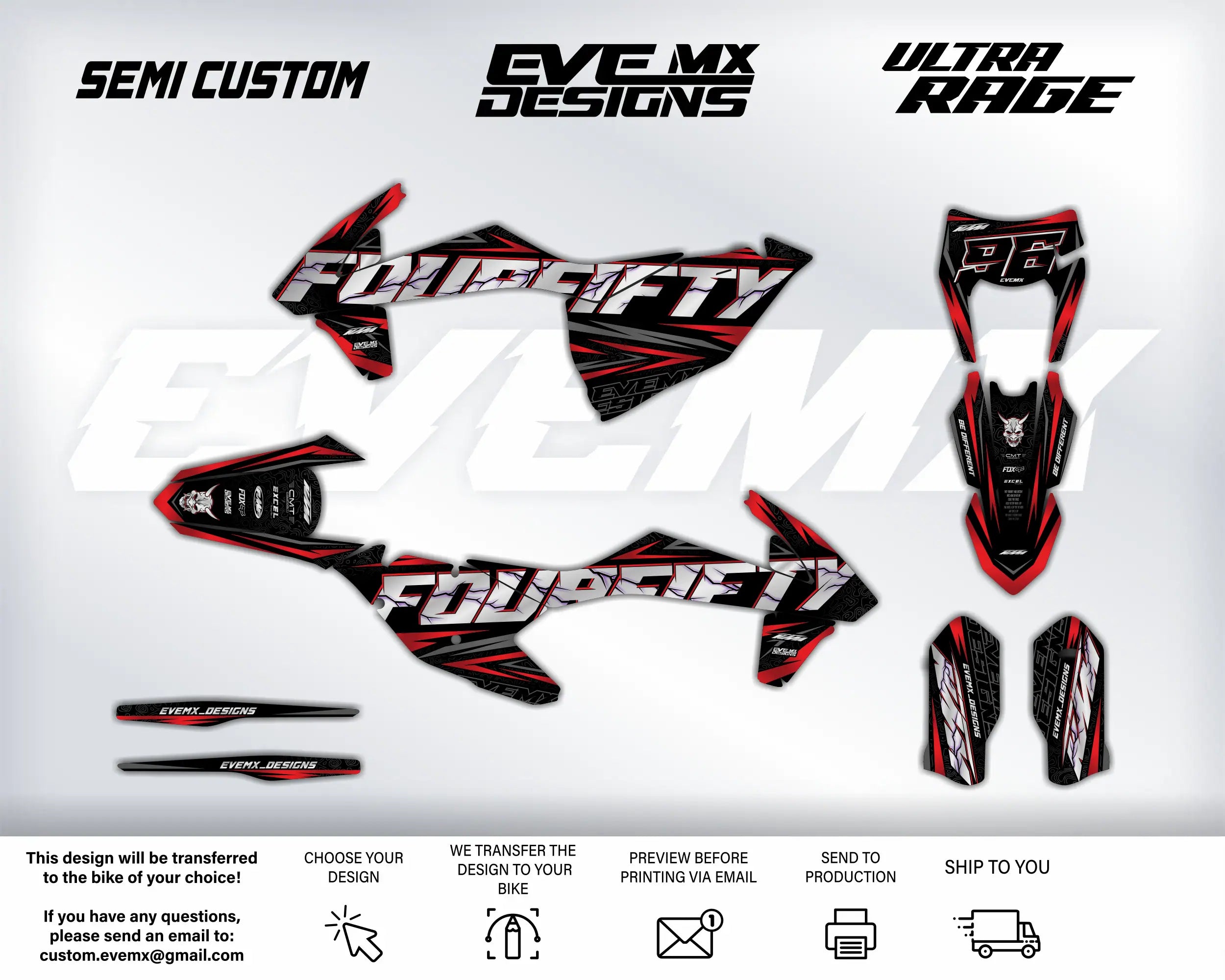 Motorcycle graphics kit with 'EveMX Designs' branding on a white background