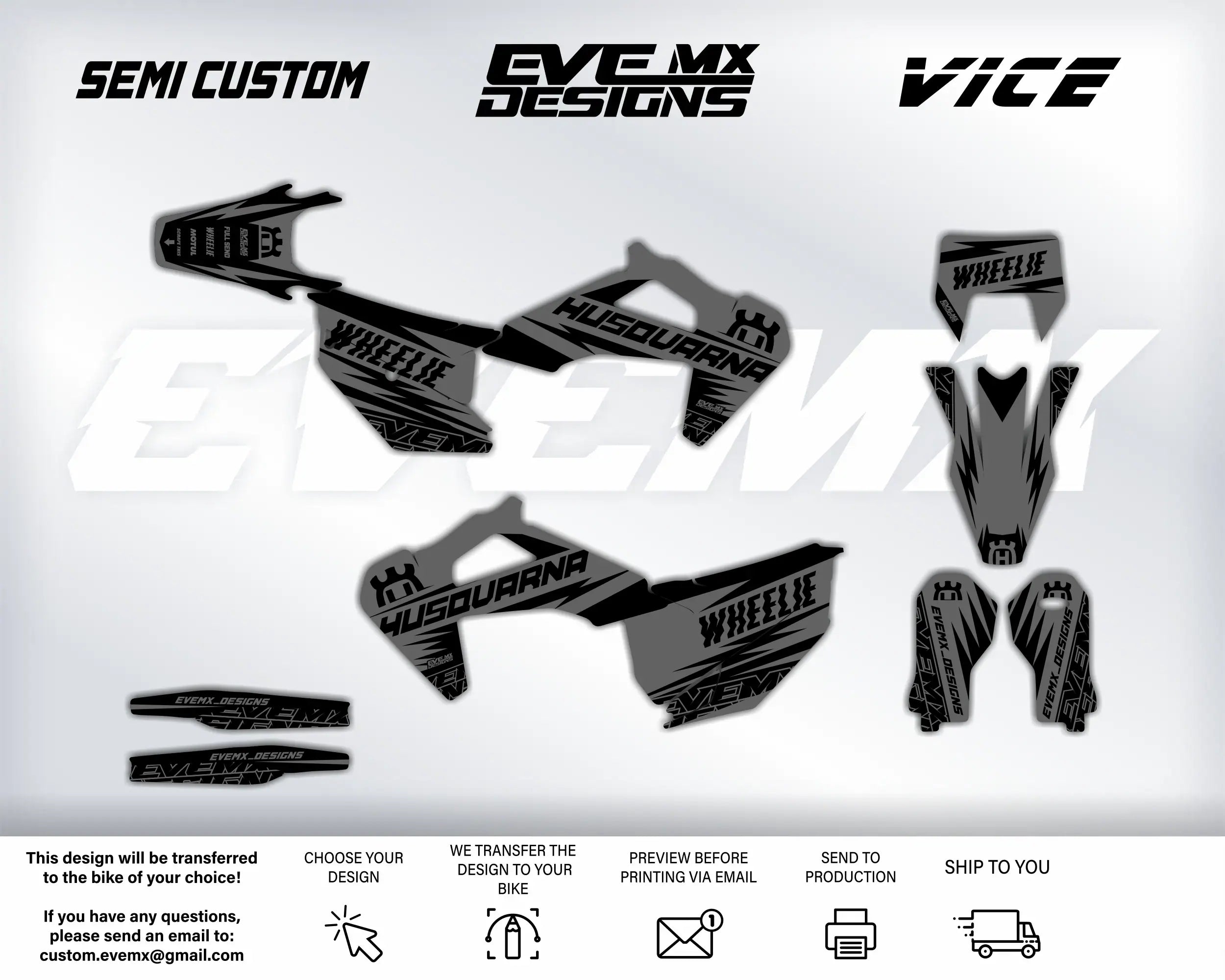 Motorcycle decals with Husqvarna and Wheelie EveMx Designs branding on a white background