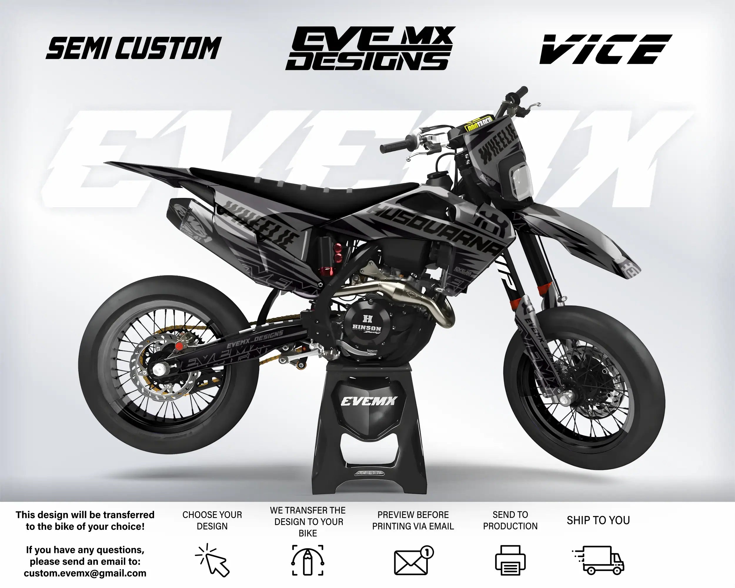 Motorcycle with 'EVEMX Designs' branding on a white background